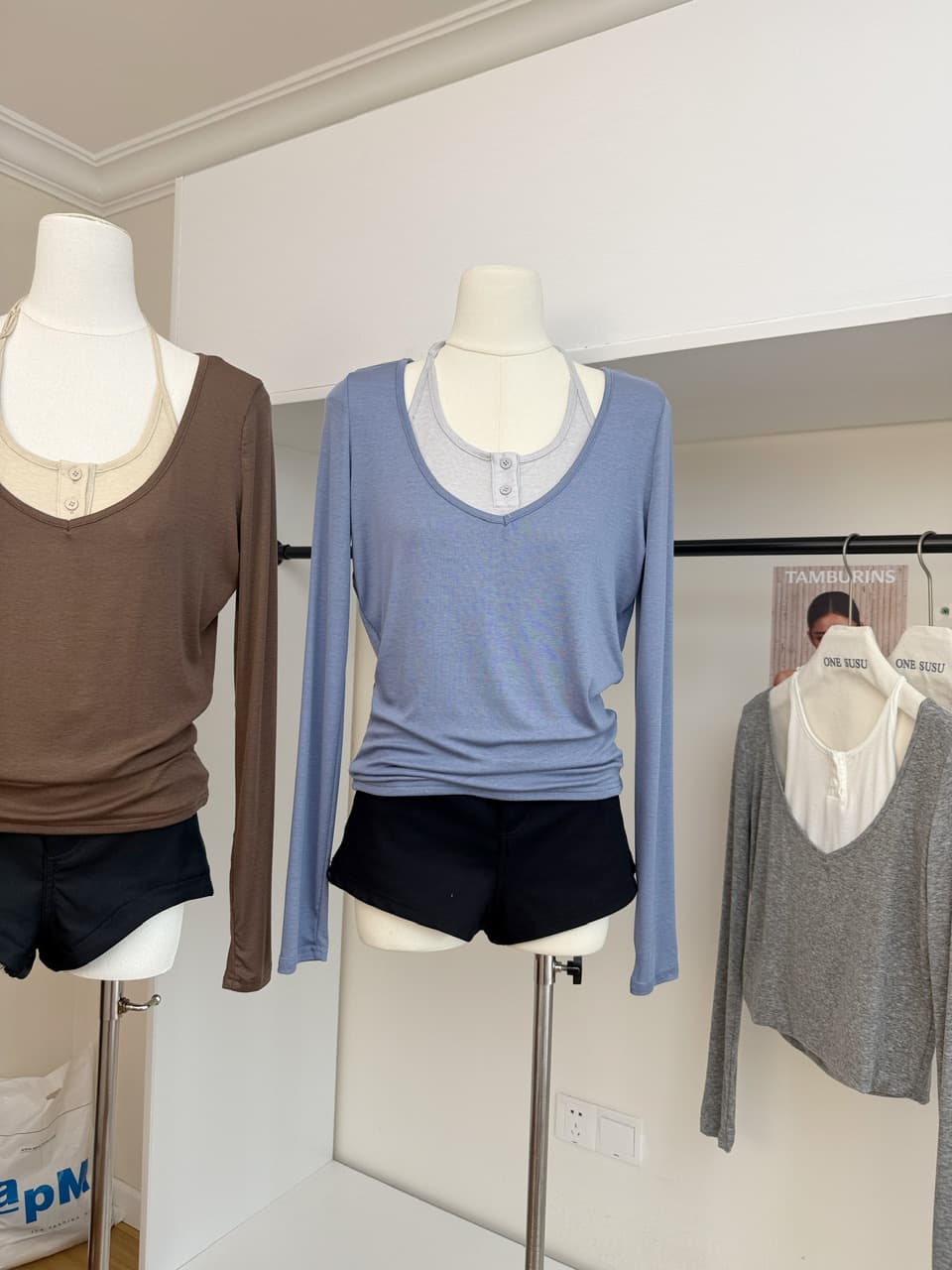 skk store 서울 이른 가을 150g 주간 실크 양모 V넥 페이크 레이어드 긴팔 티셔츠 루즈핏 캐주얼 맨위 상세 이미지 7