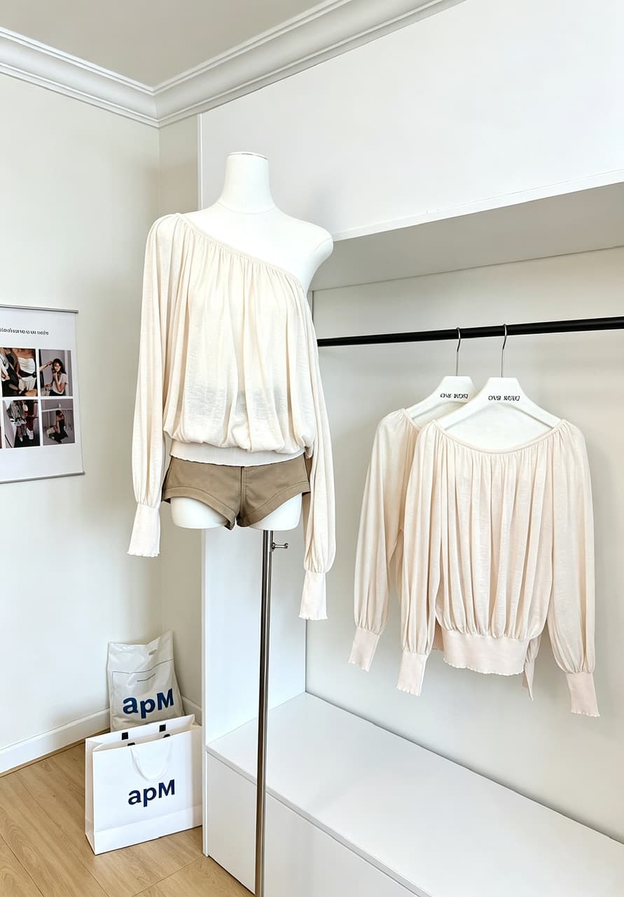 oyff 어디서? 어디서? 와라. 싱글 아마 차가운 셔츠 대 네클라인 펌프 Pleat 긴팔 비스듬한 어깨 니트 맨위 몸매 가꾸기 작은 셔츠 이미지 3