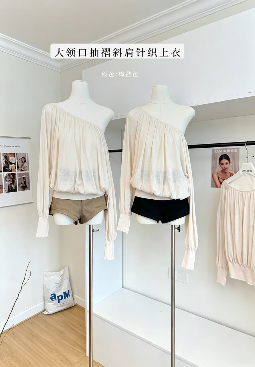 oyff 어디서? 어디서? 와라. 싱글 아마 차가운 셔츠 대 네클라인 펌프 Pleat 긴팔 비스듬한 어깨 니트 맨위 몸매 가꾸기 작은 셔츠 상세 이미지 2