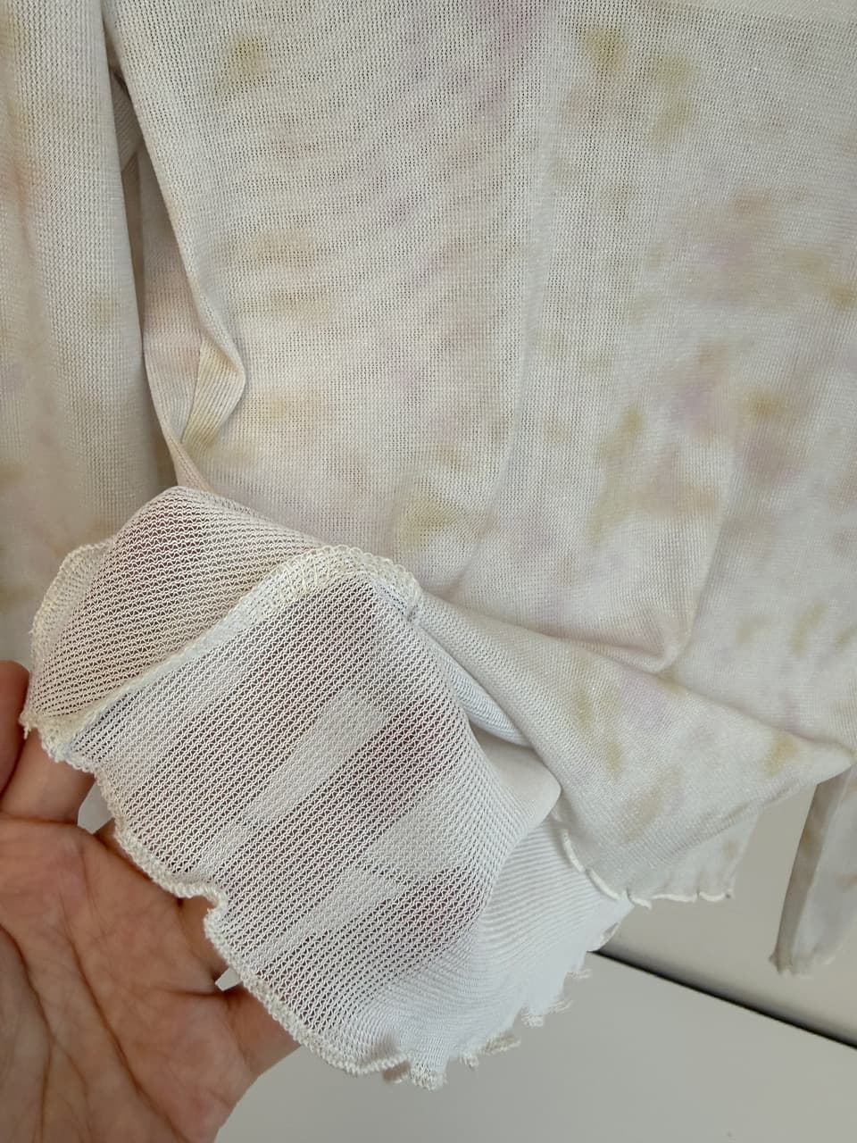 감사합니다. 아니요 고기 프릴 라운드 넥 홀치기 염색 꽃무늬 사실 두 조각 긴팔 티셔츠 여성 가을 캐주얼 슬림해 보이는 패션 맨위 상세 이미지 16