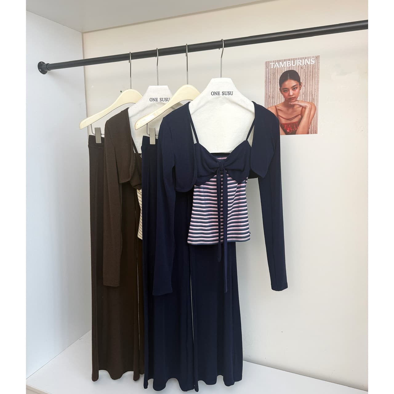 감사합니다. 아니요 고기 펌프 Pleat 스트라이프 배색 리본 슬립 몸매 가꾸기 쇼트 스타일 오픈 가디건 캐주얼 플레어 바지 가을 세트 이미지 6
