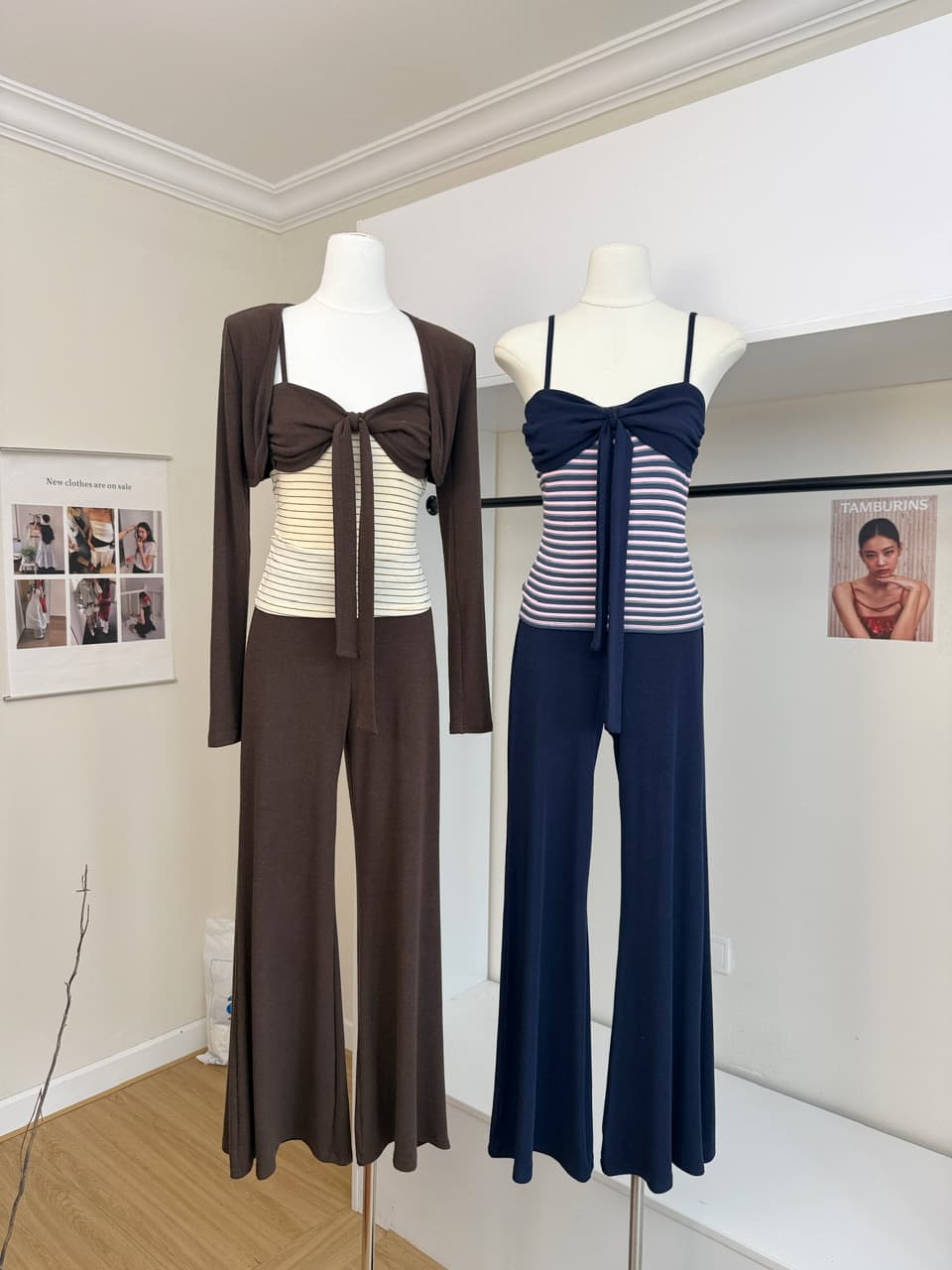 감사합니다. 아니요 고기 펌프 Pleat 스트라이프 배색 리본 슬립 몸매 가꾸기 쇼트 스타일 오픈 가디건 캐주얼 플레어 바지 가을 세트 상세 이미지 5