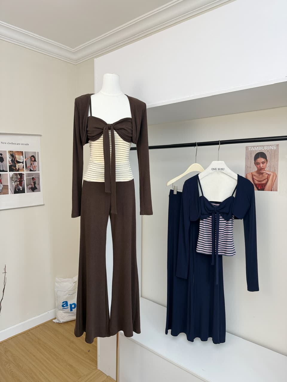 감사합니다. 아니요 고기 펌프 Pleat 스트라이프 배색 리본 슬립 몸매 가꾸기 쇼트 스타일 오픈 가디건 캐주얼 플레어 바지 가을 세트 상세 이미지 7
