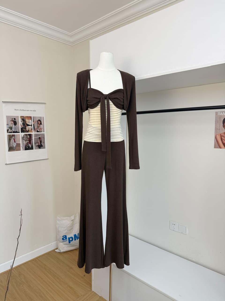 감사합니다. 아니요 고기 펌프 Pleat 스트라이프 배색 리본 슬립 몸매 가꾸기 쇼트 스타일 오픈 가디건 캐주얼 플레어 바지 가을 세트 상세 이미지 8