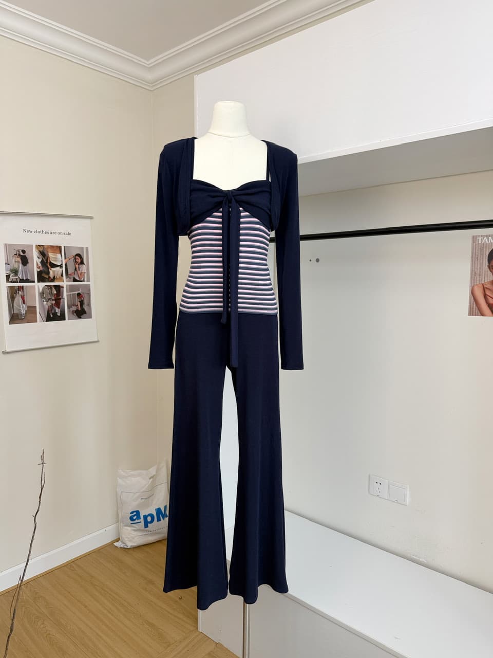 감사합니다. 아니요 고기 펌프 Pleat 스트라이프 배색 리본 슬립 몸매 가꾸기 쇼트 스타일 오픈 가디건 캐주얼 플레어 바지 가을 세트 상세 이미지 11
