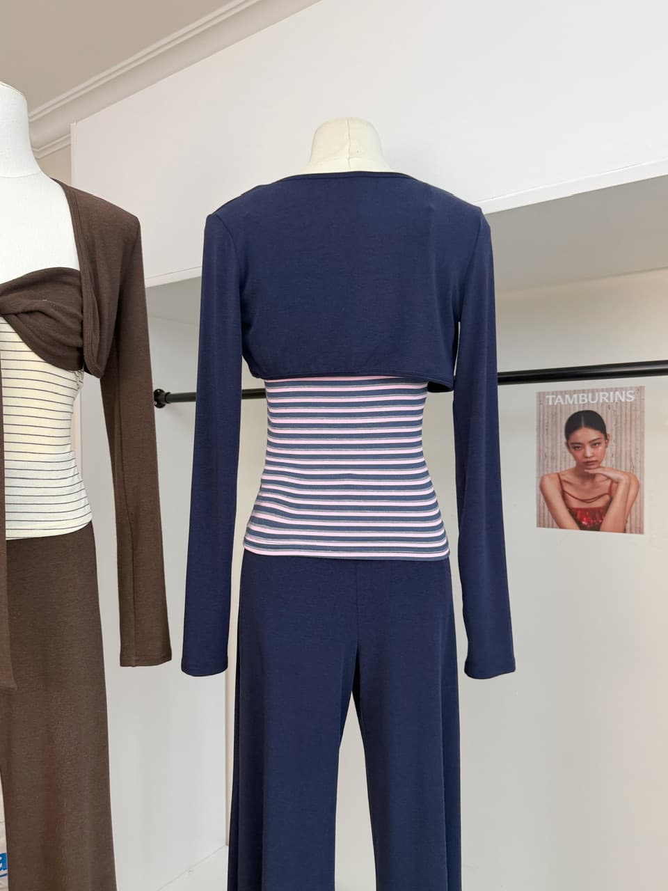 감사합니다. 아니요 고기 펌프 Pleat 스트라이프 배색 리본 슬립 몸매 가꾸기 쇼트 스타일 오픈 가디건 캐주얼 플레어 바지 가을 세트 상세 이미지 14