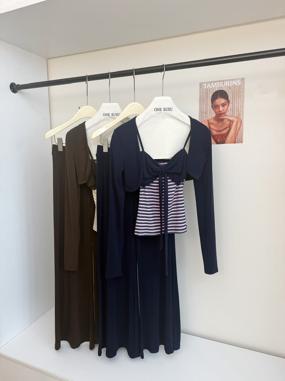 감사합니다. 아니요 고기 펌프 Pleat 스트라이프 배색 리본 슬립 몸매 가꾸기 쇼트 스타일 오픈 가디건 캐주얼 플레어 바지 가을 세트 상세 이미지 16