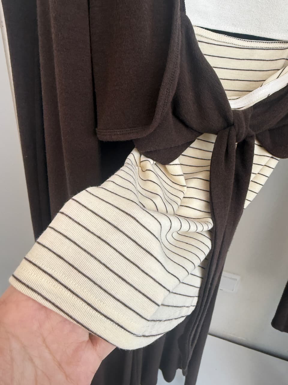 감사합니다. 아니요 고기 펌프 Pleat 스트라이프 배색 리본 슬립 몸매 가꾸기 쇼트 스타일 오픈 가디건 캐주얼 플레어 바지 가을 세트 상세 이미지 20