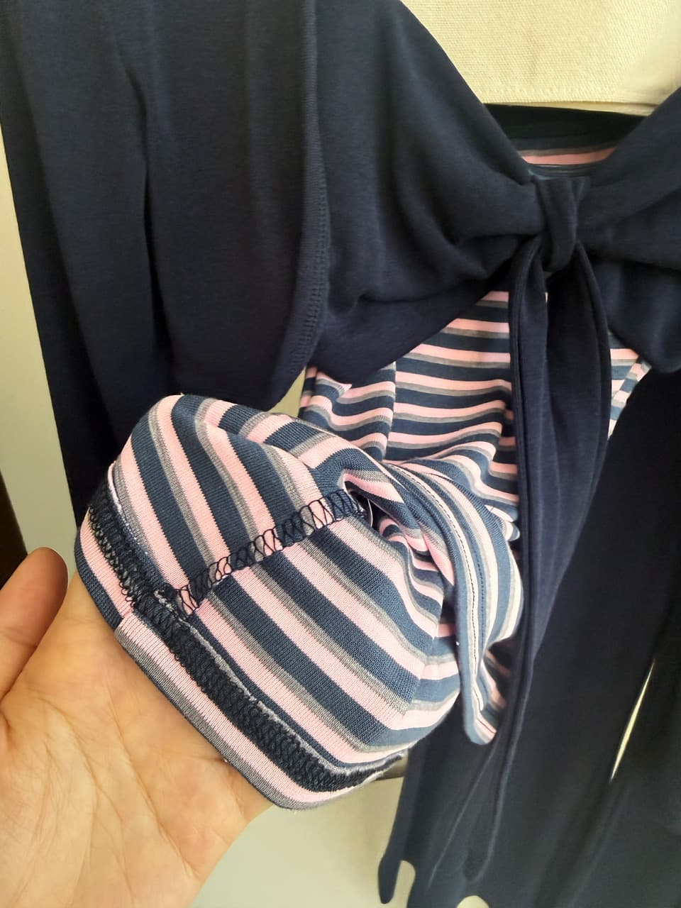 감사합니다. 아니요 고기 펌프 Pleat 스트라이프 배색 리본 슬립 몸매 가꾸기 쇼트 스타일 오픈 가디건 캐주얼 플레어 바지 가을 세트 상세 이미지 26