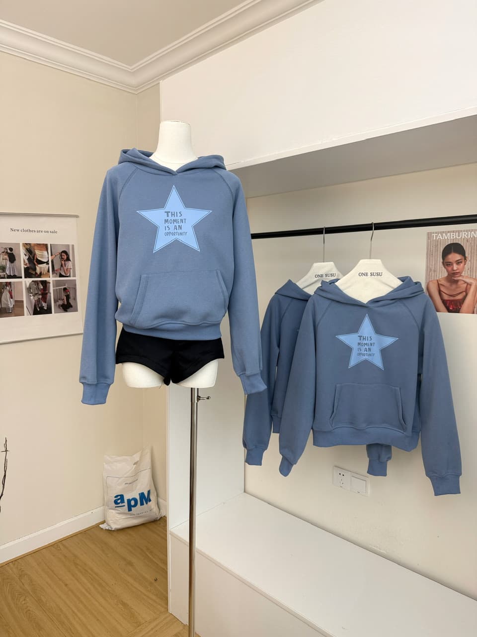 yookson vintage star 높음 그램 다시 하다 오래된 오각형 별 루즈핏 풀오버 후드 티 스웨터 여성 상세 이미지 3