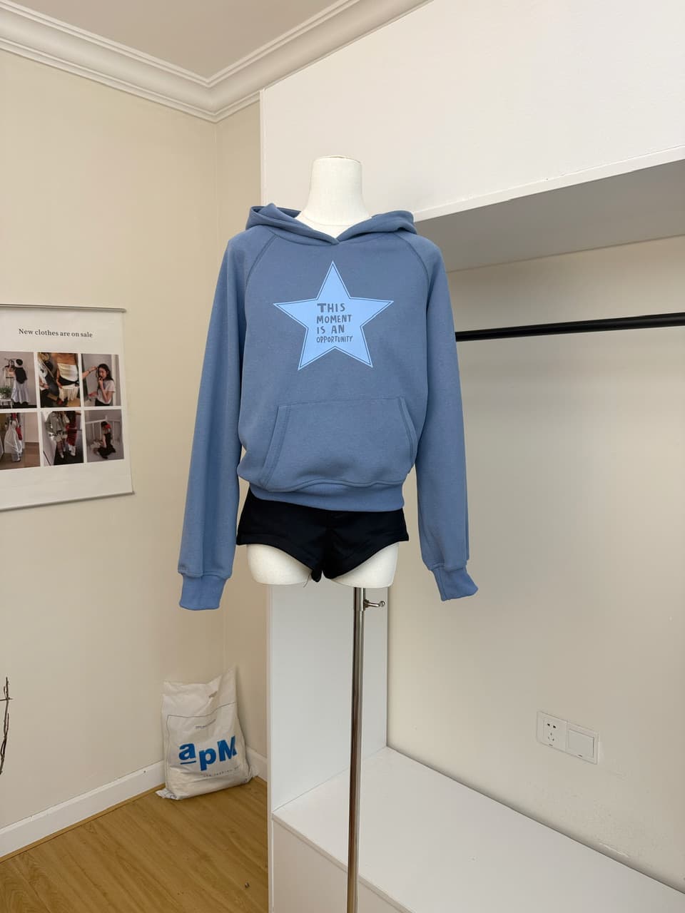 yookson vintage star 높음 그램 다시 하다 오래된 오각형 별 루즈핏 풀오버 후드 티 스웨터 여성 상세 이미지 4