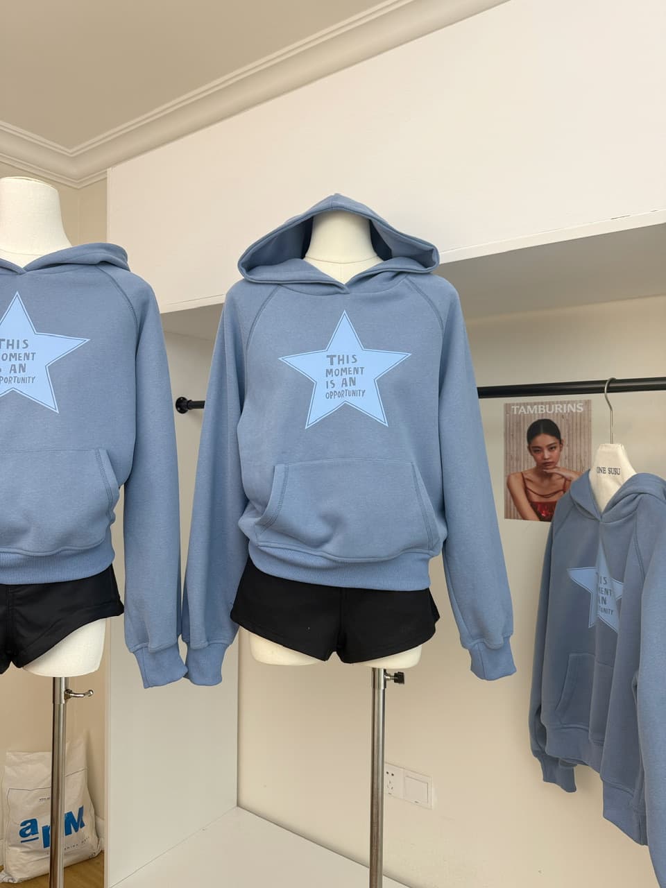 yookson vintage star 높음 그램 다시 하다 오래된 오각형 별 루즈핏 풀오버 후드 티 스웨터 여성 상세 이미지 5