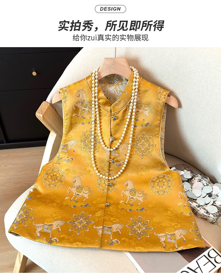 새로운 중식 작은 말 국풍 송 브로케이드 자카드 베스트 재킷 실크 어깨 조끼 외부 가져 가라. 패션 프린트 조끼 상세 이미지 7
