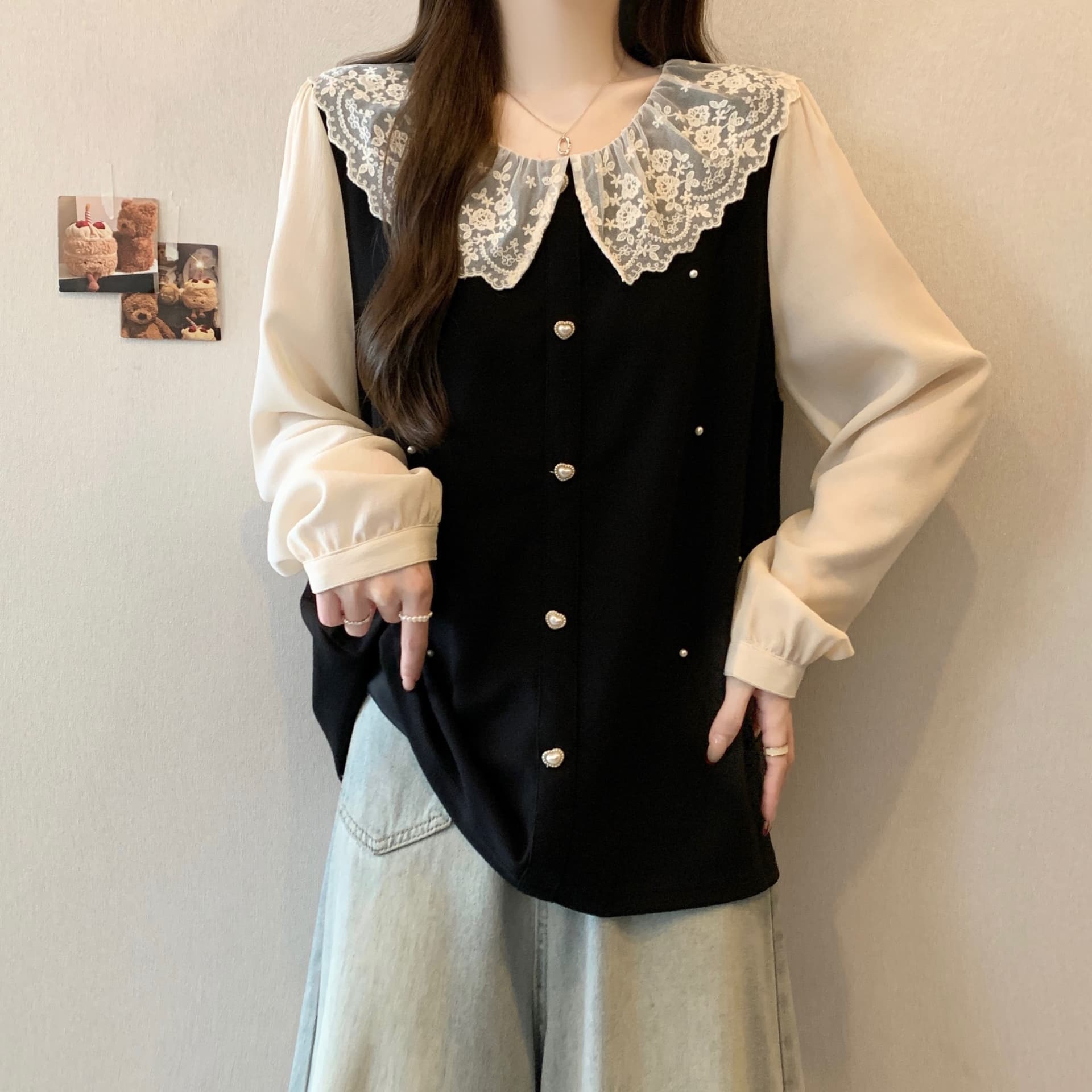 실사 빅 사이즈 여성 의류 프랑스식 패치워크 라운드 넥 연령 감소 작은 셔츠 지방 mm 2026 봄 몸매 가꾸기 슬림해 보이는 맨위 상세 이미지 6