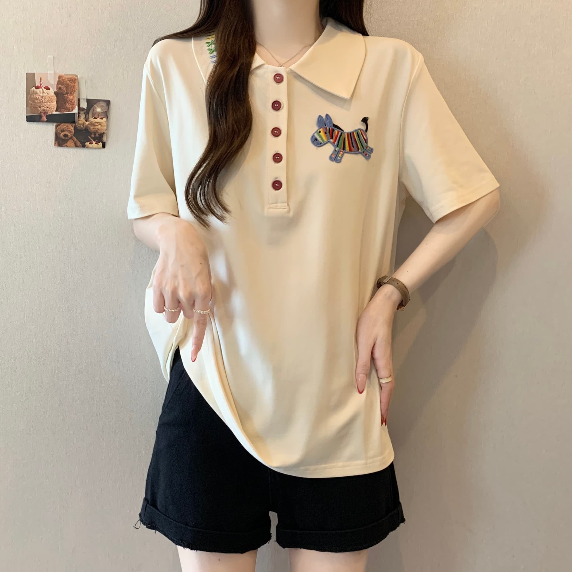 실사 빅 사이즈 여성 의류 POLO 칼라 작은 말 자수 반팔 티셔츠 지방 mm 귀여운 바람 얇은 스타일 차가운 센스 맨위 상세 이미지 5
