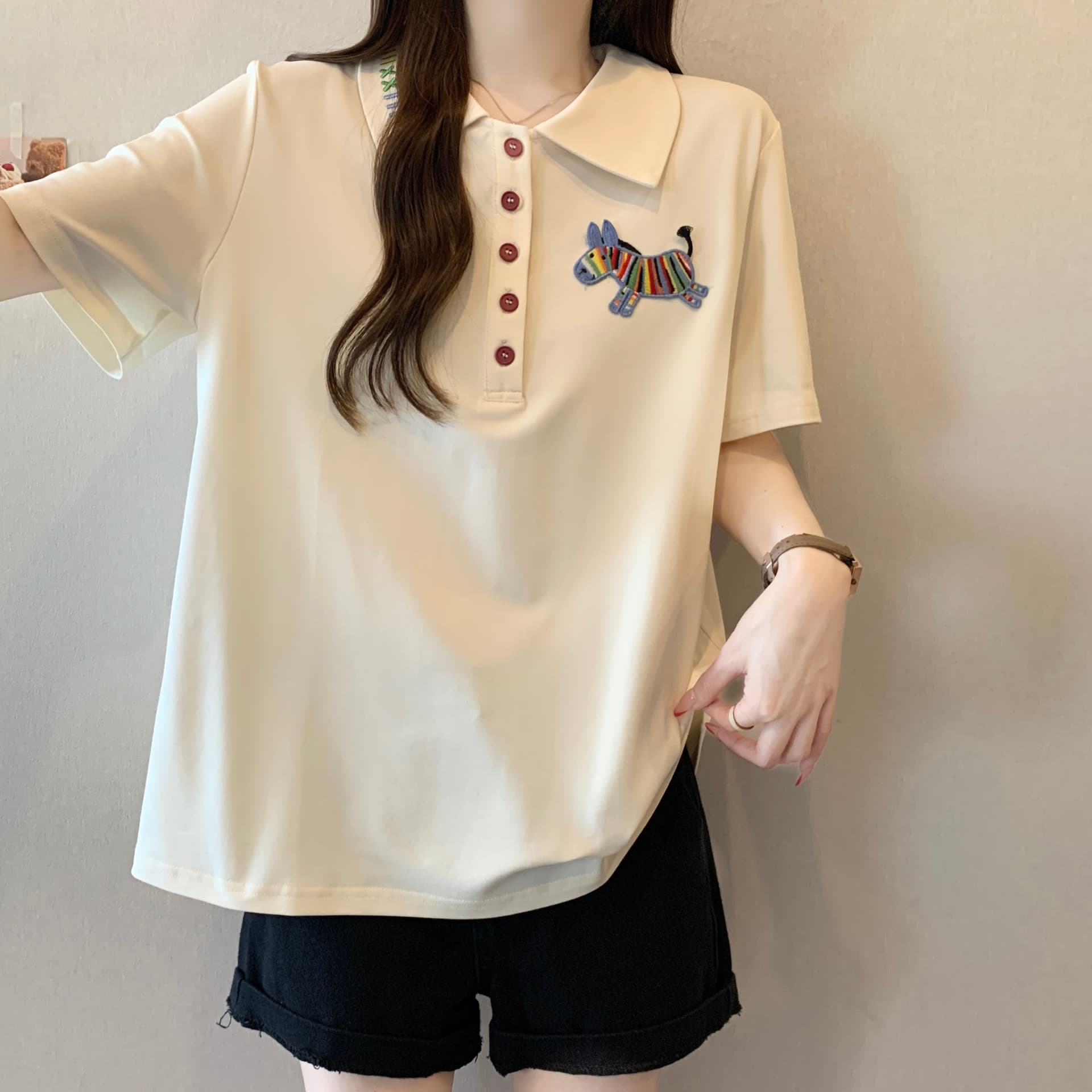 실사 빅 사이즈 여성 의류 POLO 칼라 작은 말 자수 반팔 티셔츠 지방 mm 귀여운 바람 얇은 스타일 차가운 센스 맨위 상세 이미지 7