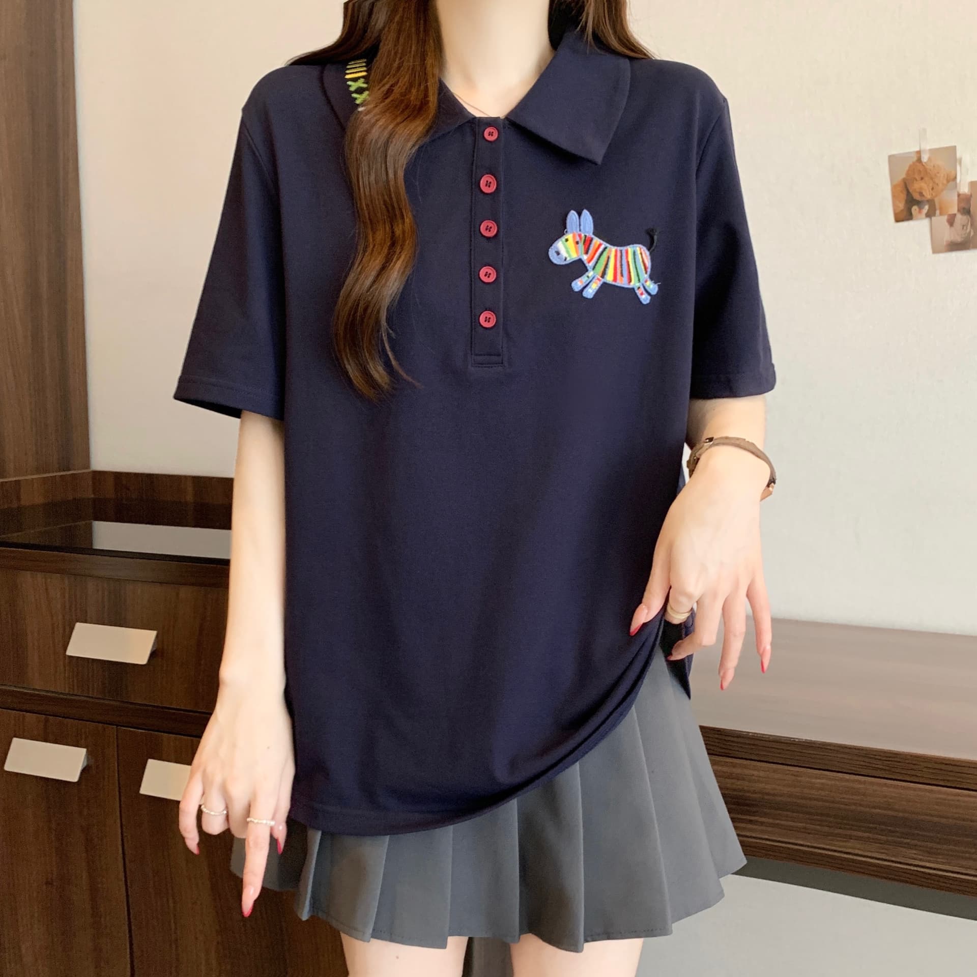 실사 빅 사이즈 POLO 칼라 작은 말 자수 반팔 티셔츠 2026 지방 mm 루즈핏 다용도 슬림해 보이는 캐주얼 맨위 이미지 3