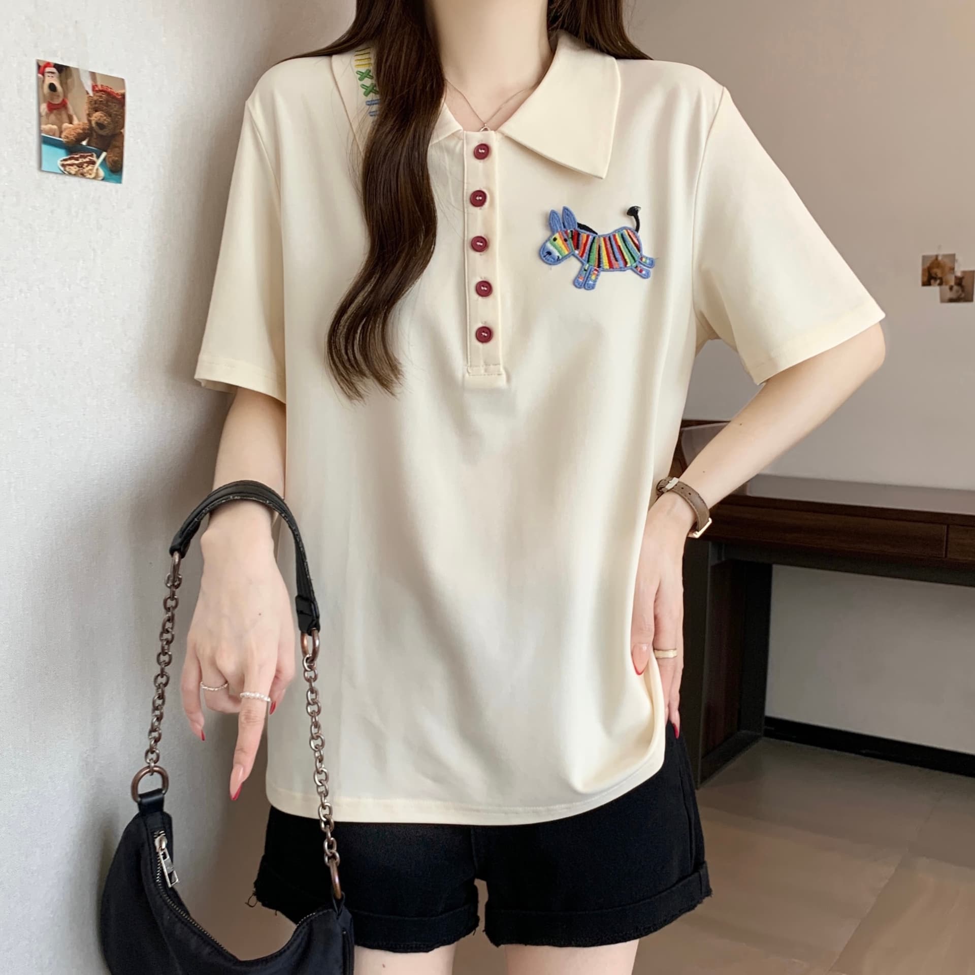 실사 빅 사이즈 POLO 칼라 작은 말 자수 반팔 티셔츠 2026 지방 mm 루즈핏 다용도 슬림해 보이는 캐주얼 맨위 상세 이미지 9