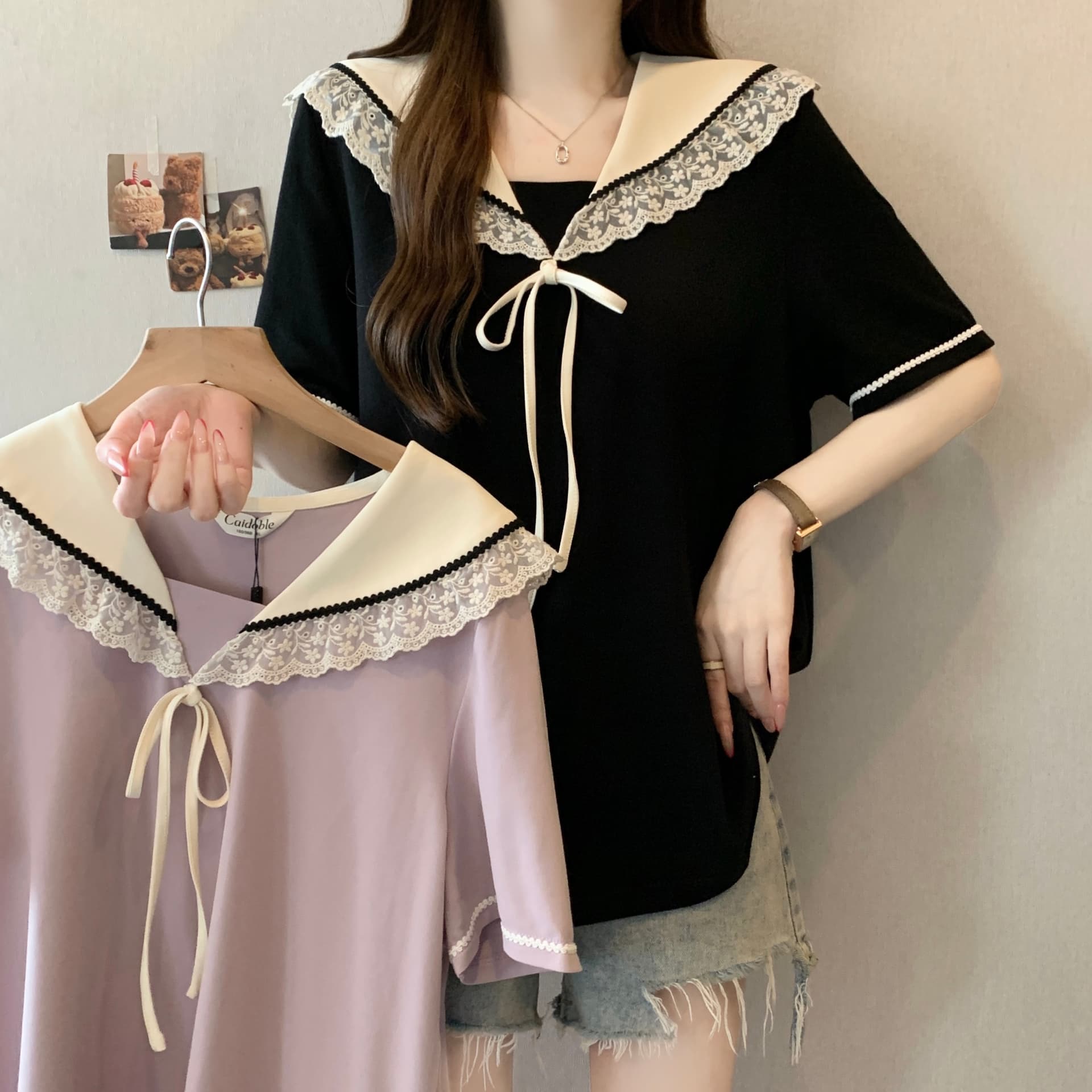 실사 빅 사이즈 지방 mm 레이스 연령 감소 해군 칼라 배색 레이스 티셔츠 여성 표지 배 슬림해 보이는 학원 스타일 맨위 상세 이미지 11
