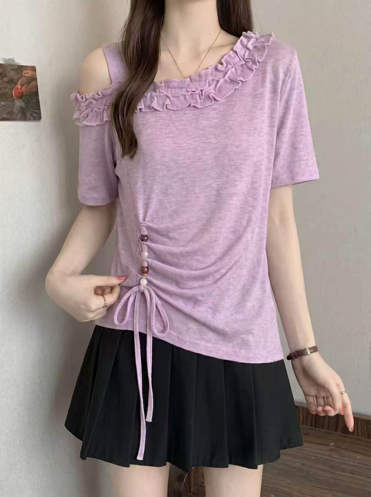 빅 사이즈 프릴 비스듬한 어깨 오프숄더 반팔 티셔츠 여성 여름 새로운 불규칙 레이스업 연령 감소 품격 맨위 상세 이미지 3