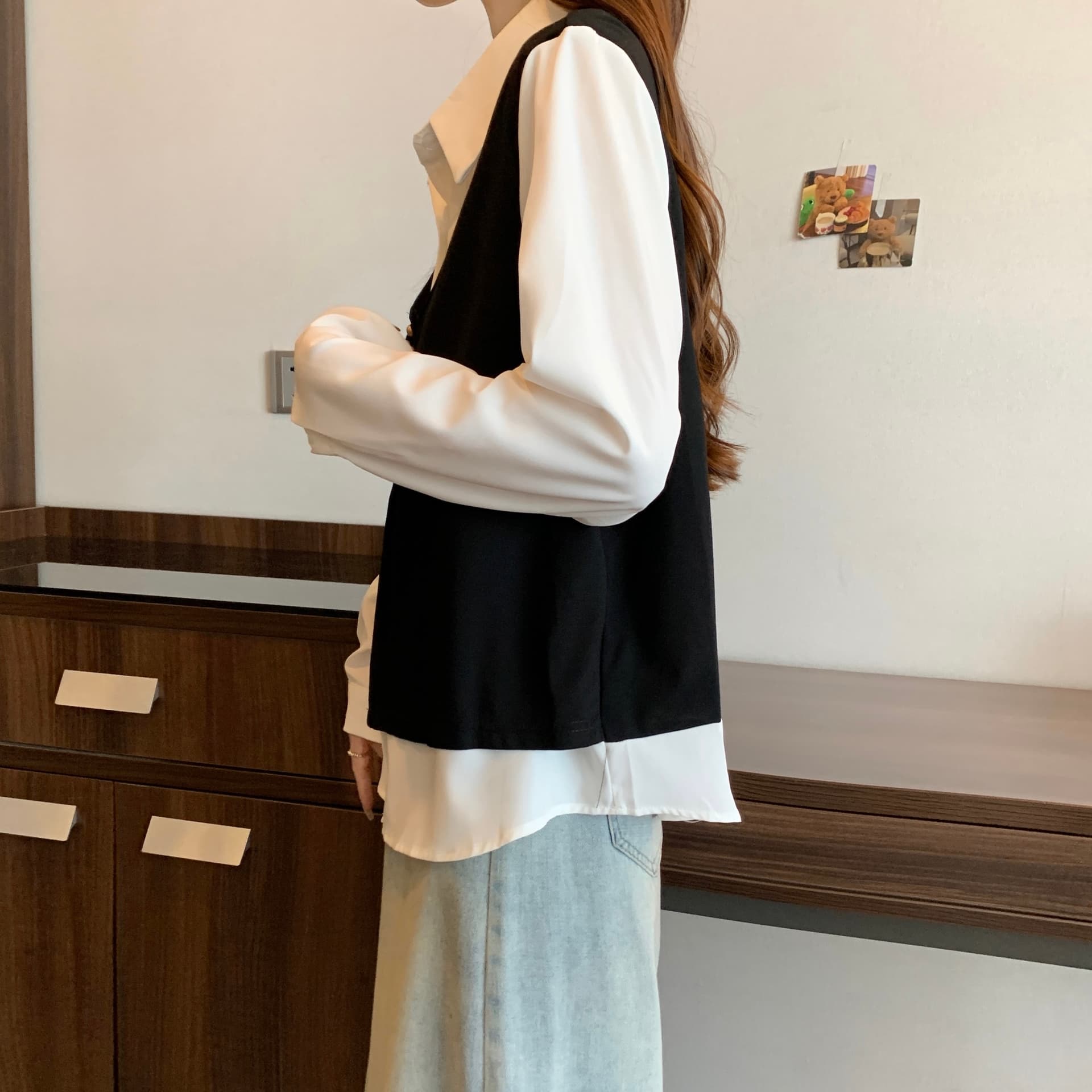 실사 빅 사이즈 표지 배 페이크 레이어드 베스트 여성 셔츠 가을 지방 mm 슬림해 보이는 긍정적 인 어깨 의류 이미지 5