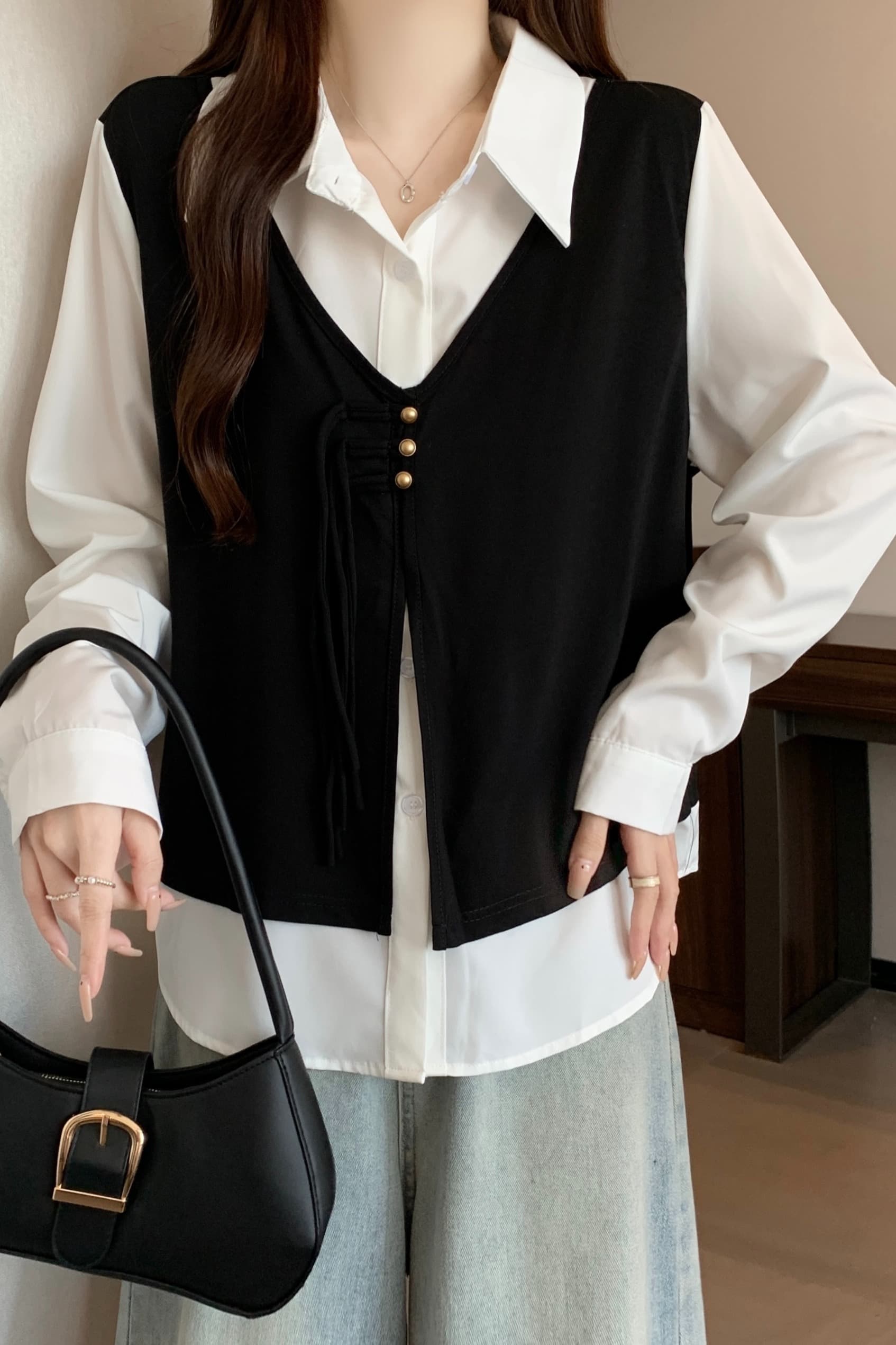 실사 빅 사이즈 표지 배 페이크 레이어드 베스트 여성 셔츠 가을 지방 mm 슬림해 보이는 긍정적 인 어깨 의류 이미지 7