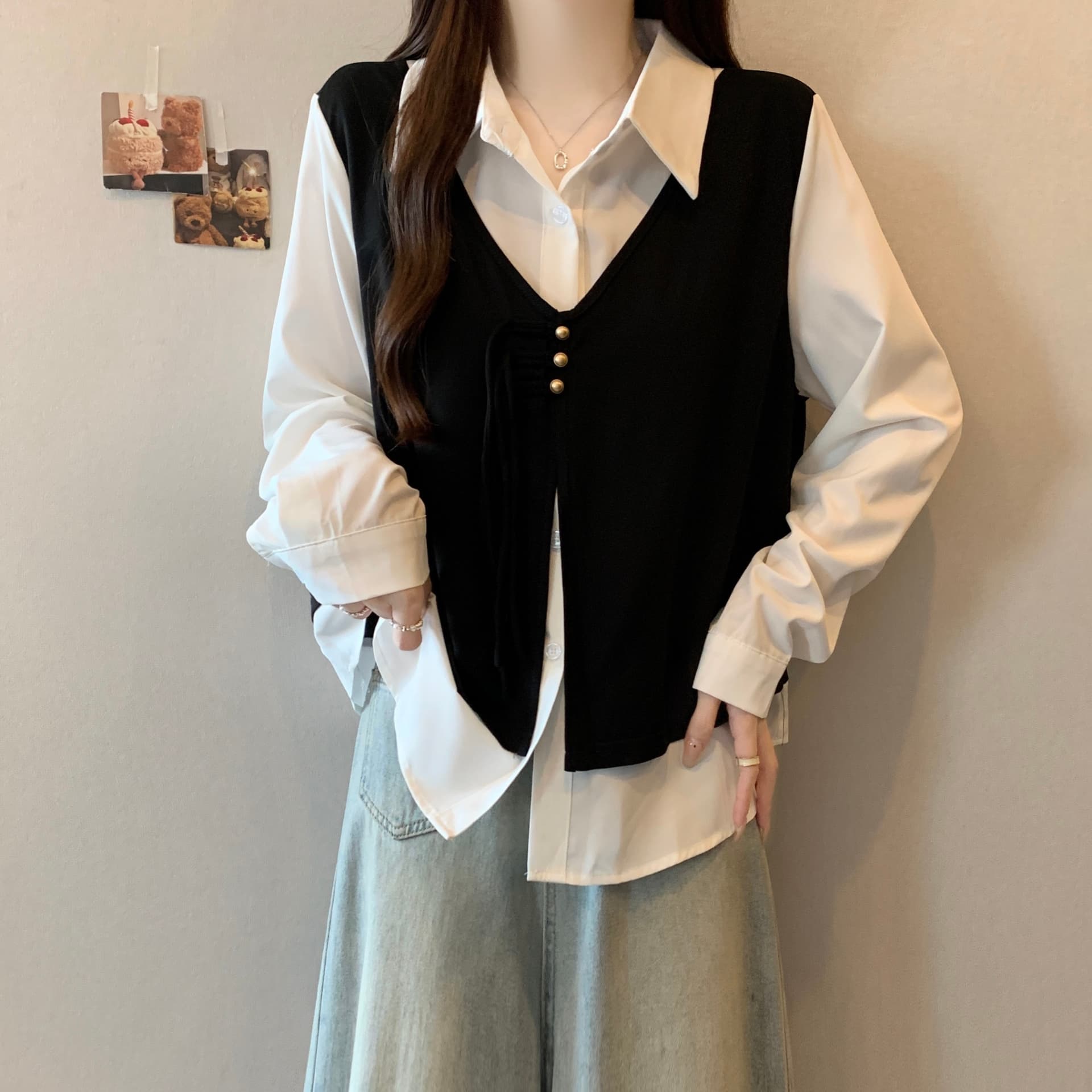 실사 빅 사이즈 표지 배 페이크 레이어드 베스트 여성 셔츠 가을 지방 mm 슬림해 보이는 긍정적 인 어깨 의류 상세 이미지 3