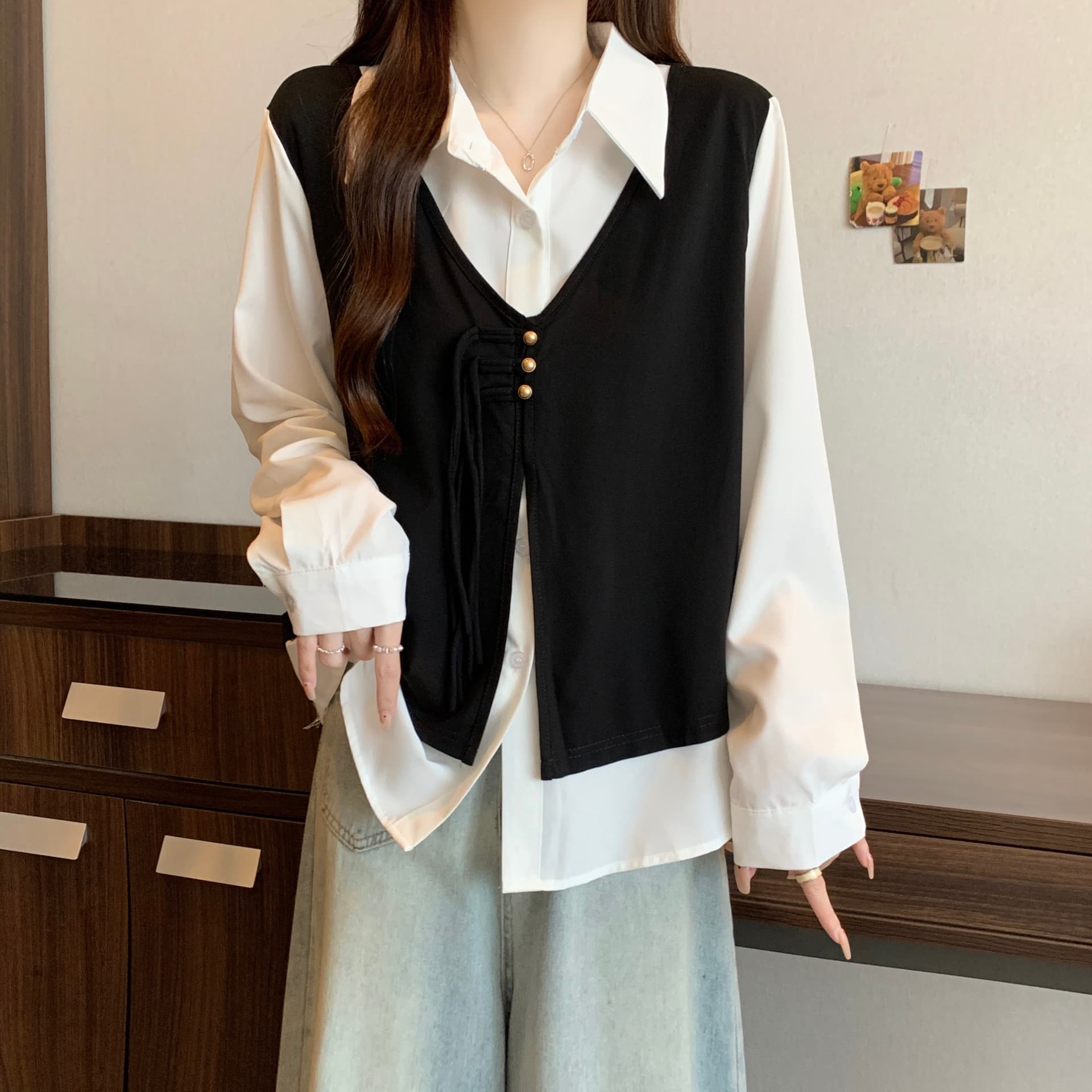 실사 빅 사이즈 표지 배 페이크 레이어드 베스트 여성 셔츠 가을 지방 mm 슬림해 보이는 긍정적 인 어깨 의류 상세 이미지 6