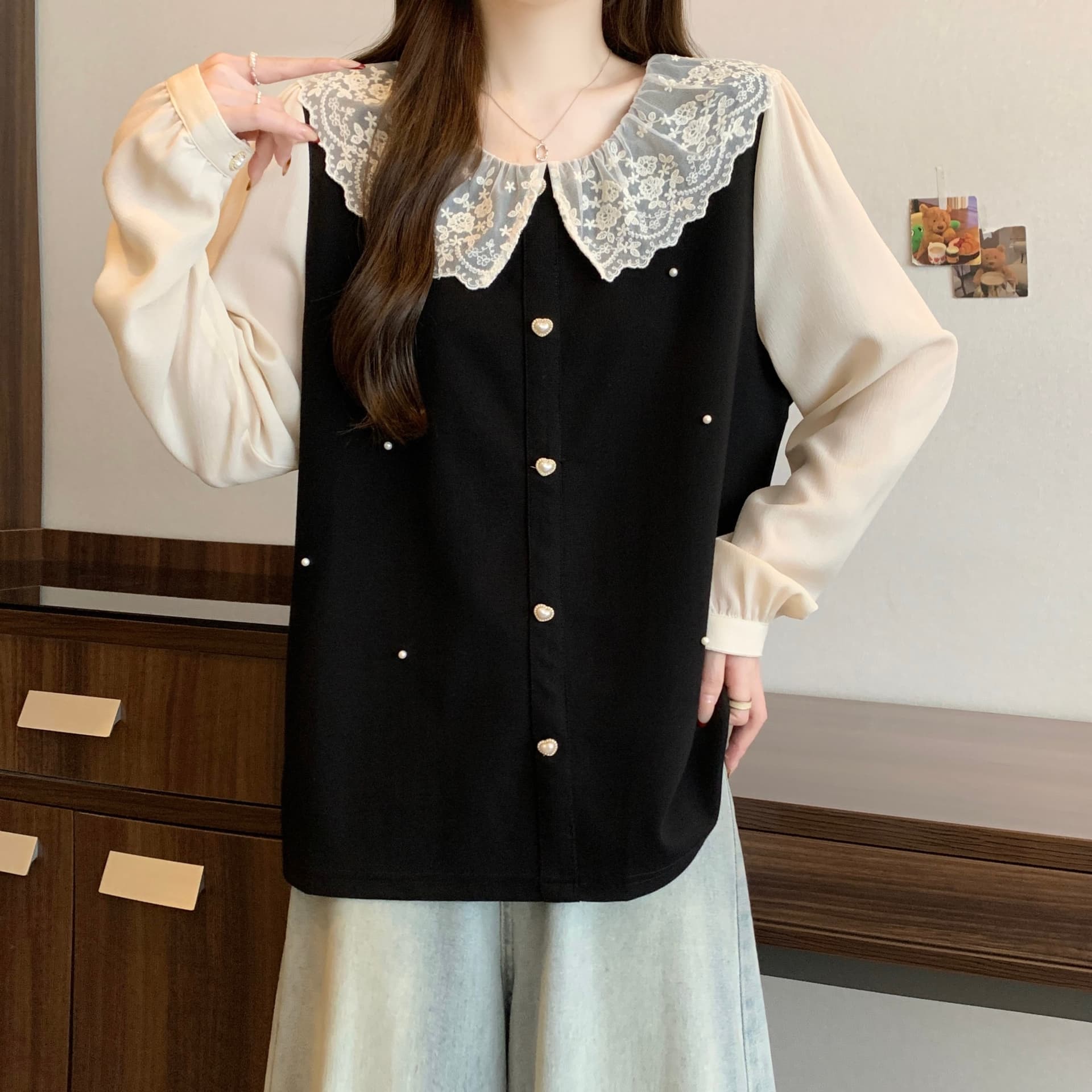 실사 빅 사이즈 여성 의류 프랑스식 패치워크 라운드 넥 연령 감소 작은 셔츠 지방 mm 2026 가을 몸매 가꾸기 슬림해 보이는 맨위 이미지 4