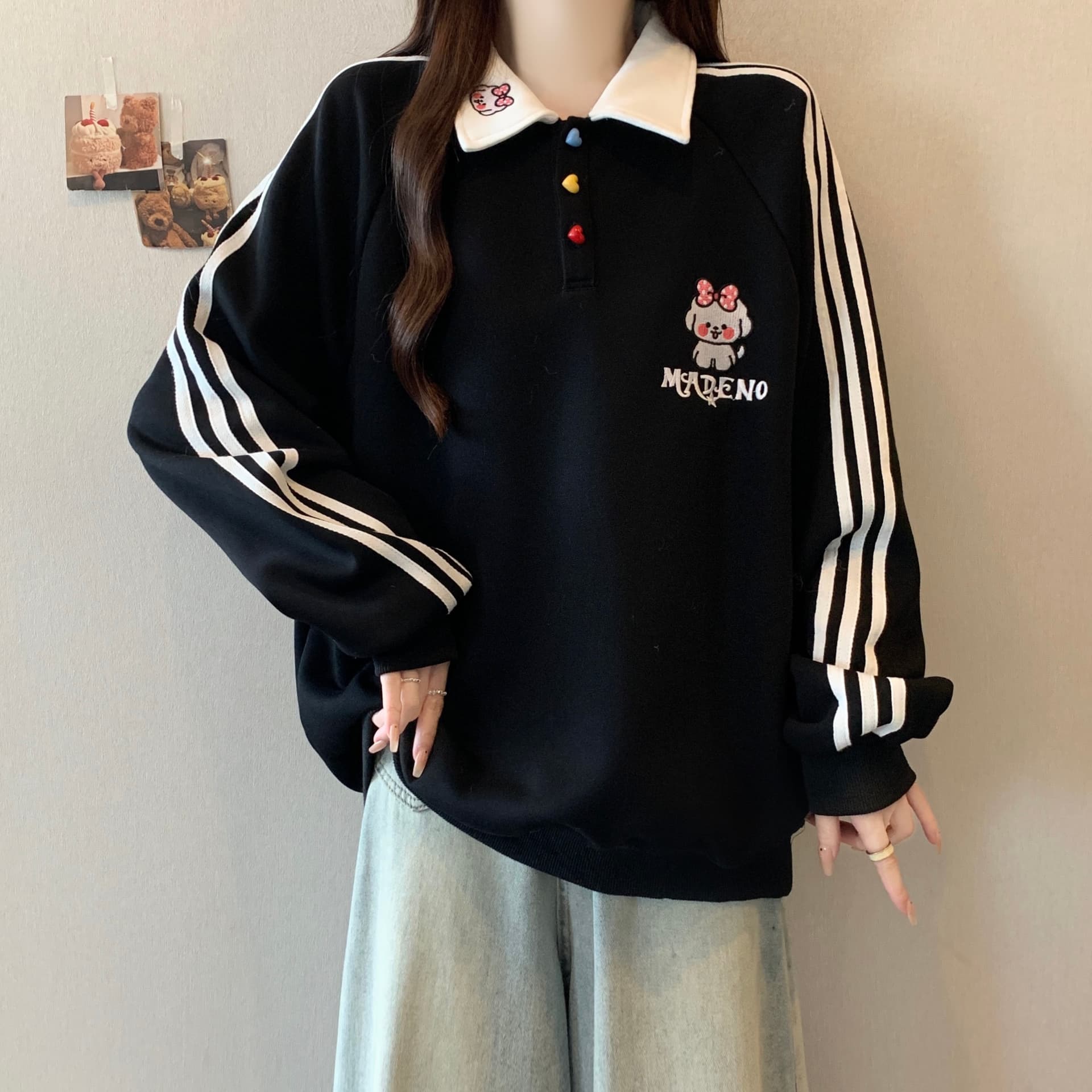 실사 빅 사이즈 가을 새로운 강아지 자수 POLO 칼라 학원 스타일 스트라이프 후드티 여성 다용도 맨위 이미지 4