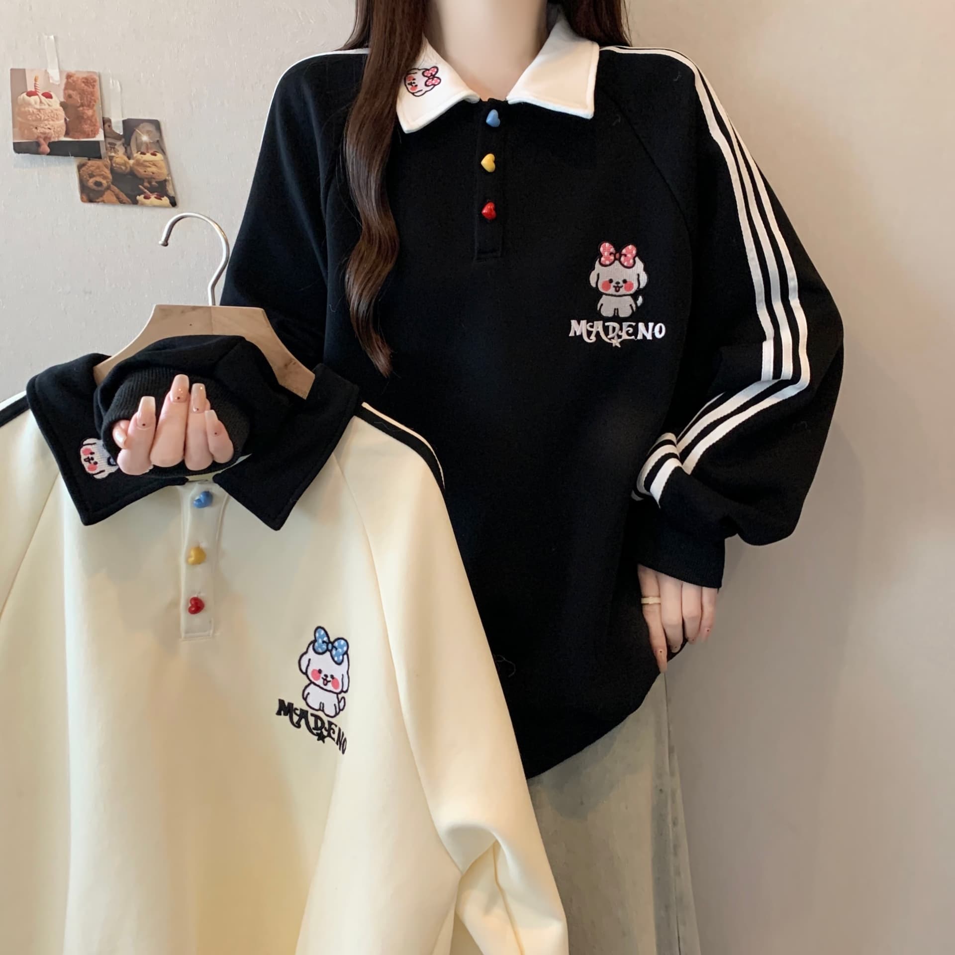 실사 빅 사이즈 가을 새로운 강아지 자수 POLO 칼라 학원 스타일 스트라이프 후드티 여성 다용도 맨위 이미지 2
