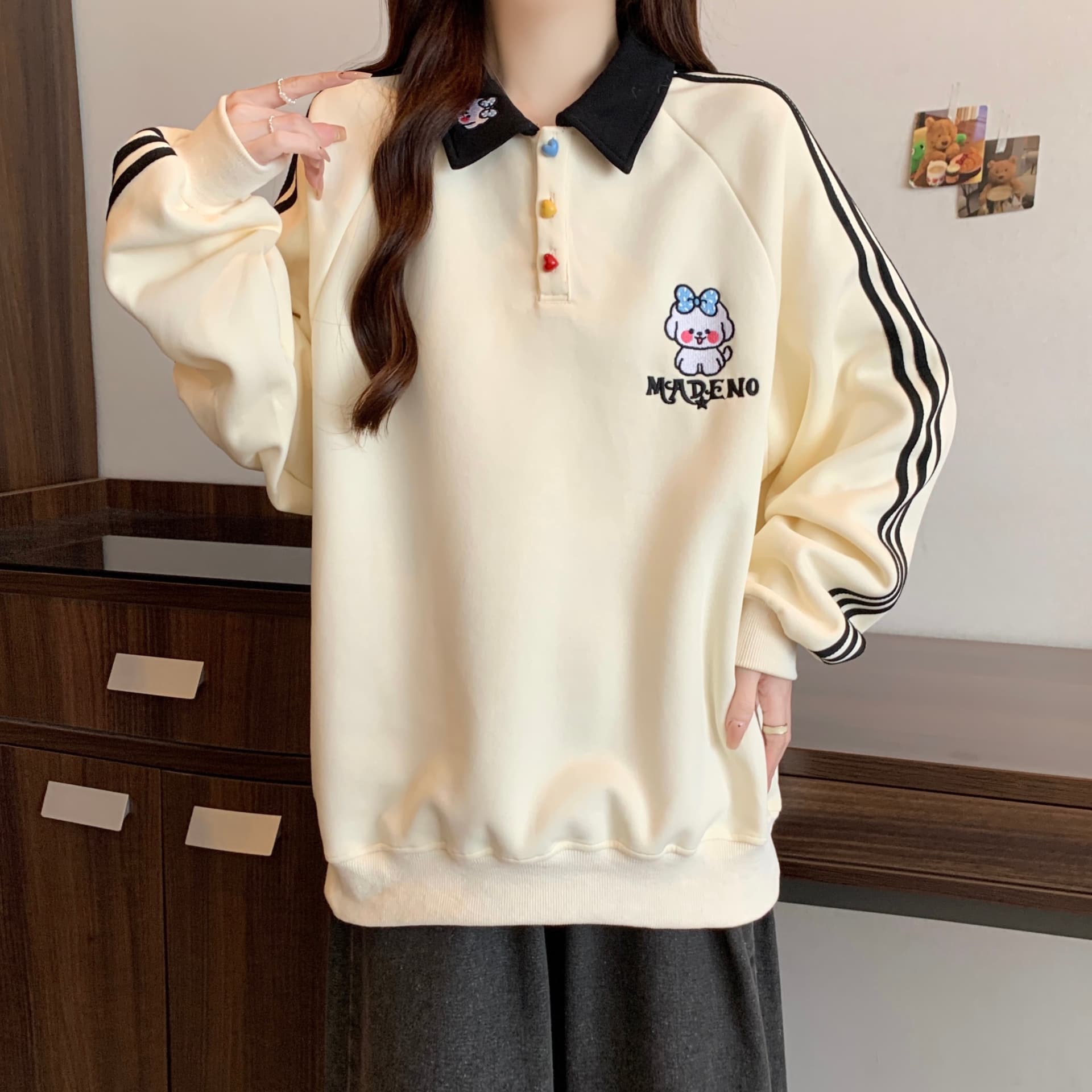 실사 빅 사이즈 가을 새로운 강아지 자수 POLO 칼라 학원 스타일 스트라이프 후드티 여성 다용도 맨위 이미지 6