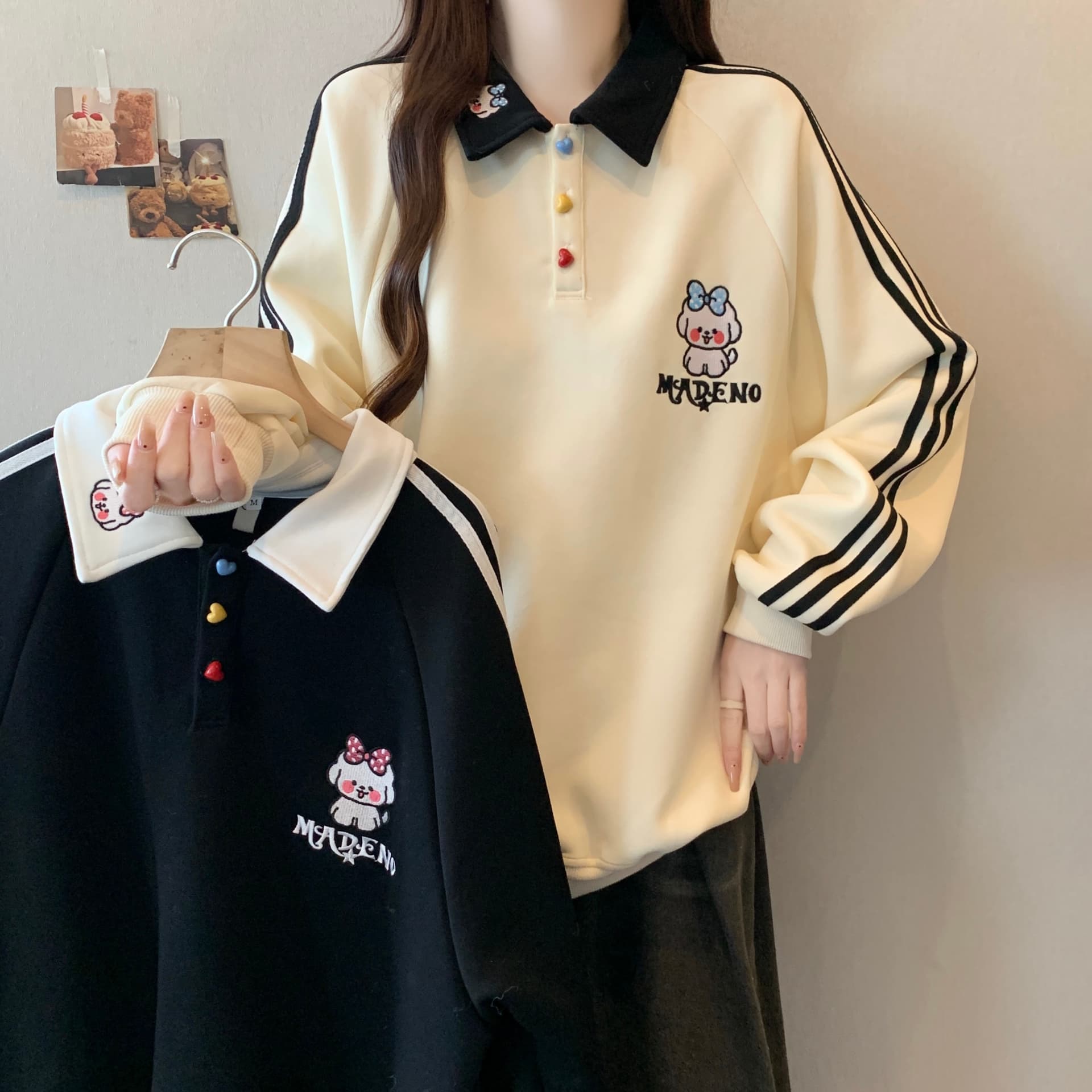 실사 빅 사이즈 가을 새로운 강아지 자수 POLO 칼라 학원 스타일 스트라이프 후드티 여성 다용도 맨위 상세 이미지 2