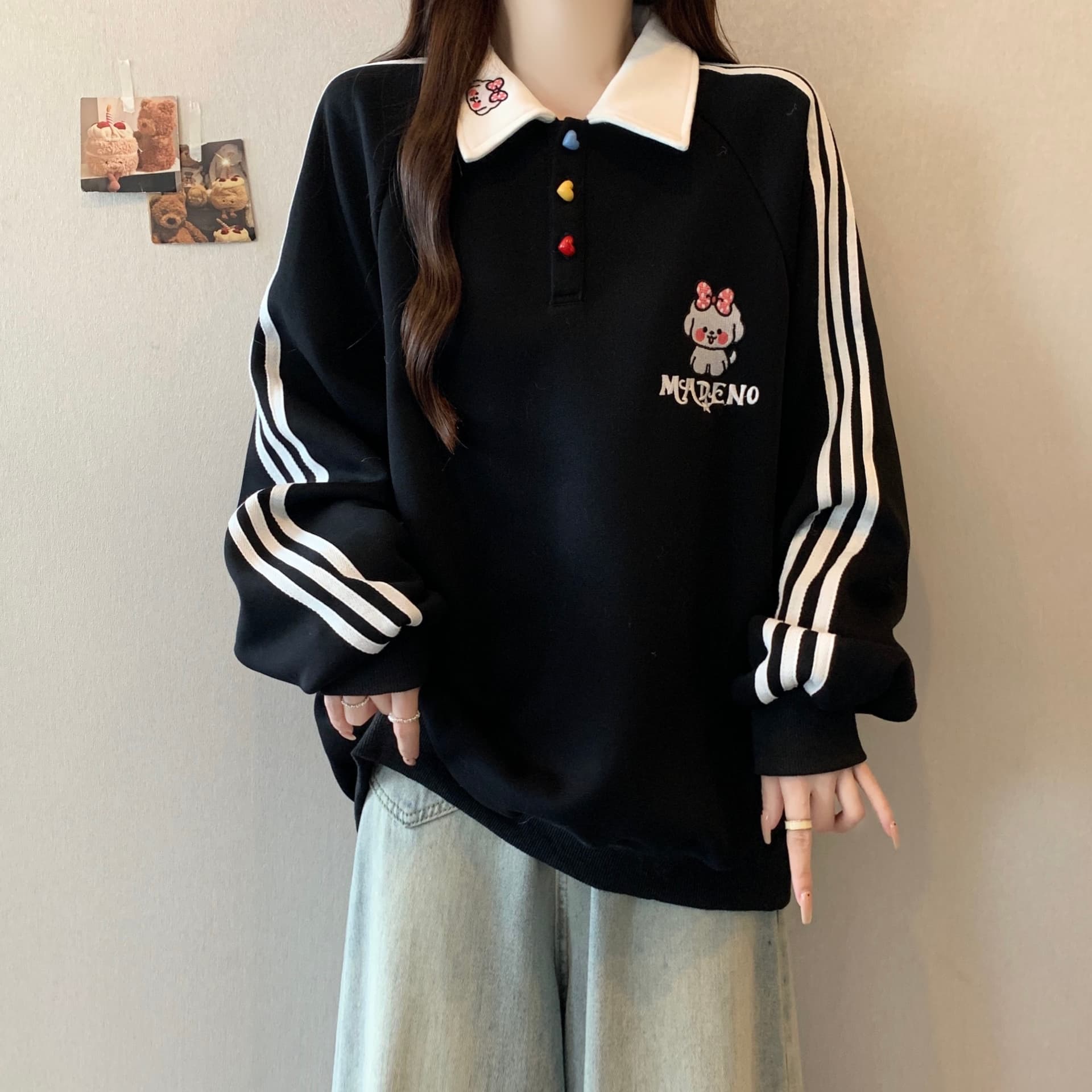 실사 빅 사이즈 가을 새로운 강아지 자수 POLO 칼라 학원 스타일 스트라이프 후드티 여성 다용도 맨위 상세 이미지 14
