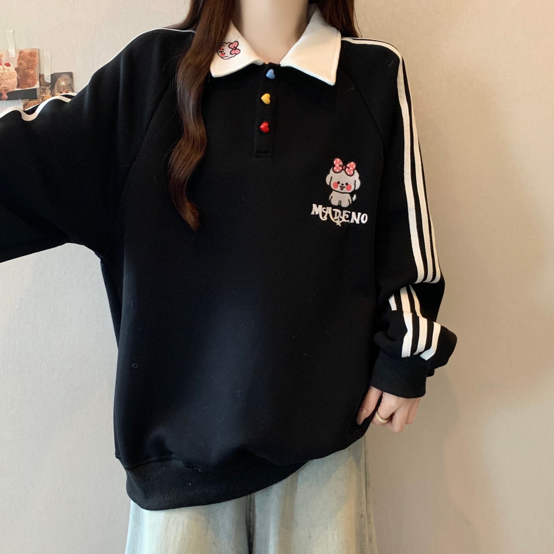 실사 빅 사이즈 가을 새로운 강아지 자수 POLO 칼라 학원 스타일 스트라이프 후드티 여성 다용도 맨위 상세 이미지 15