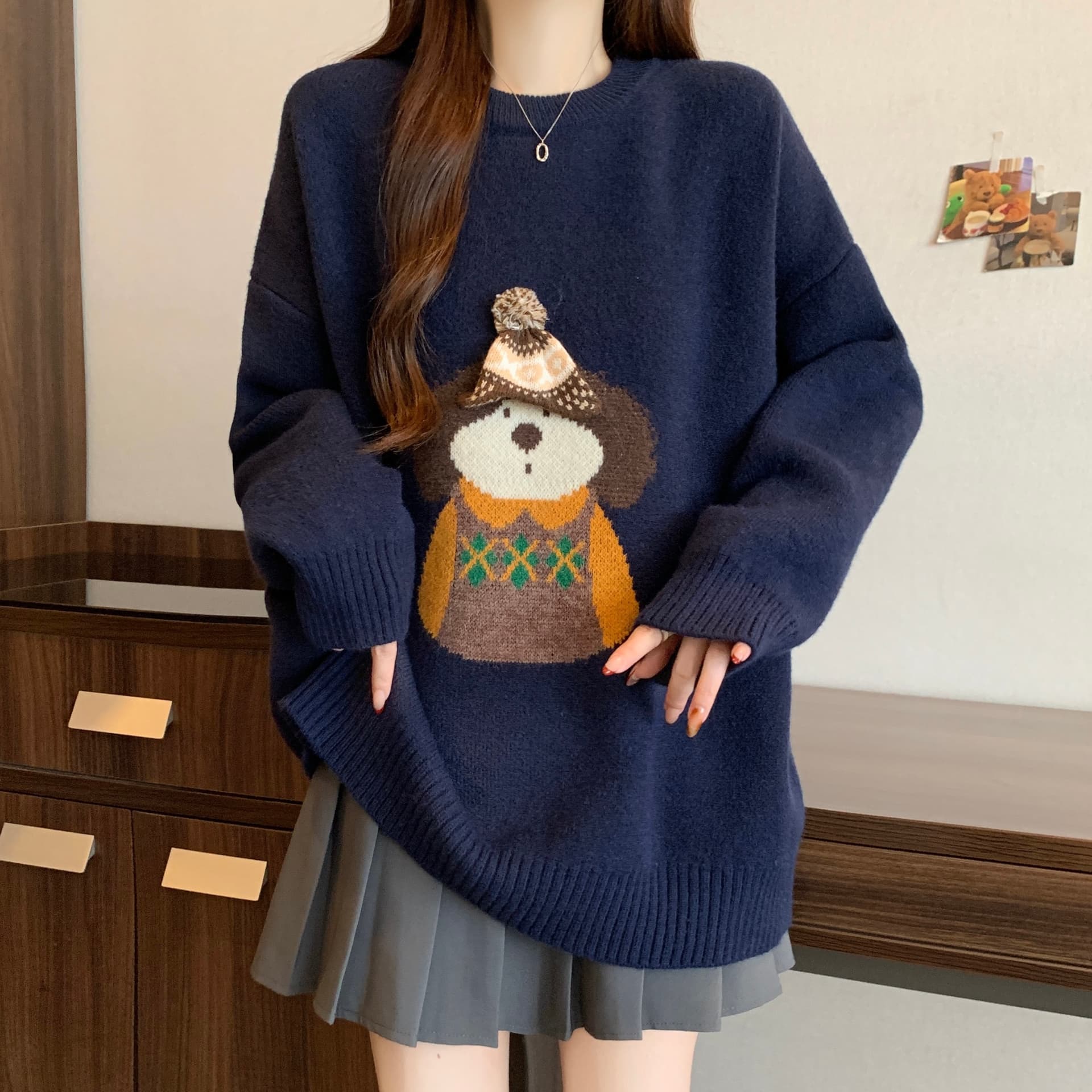 빅 사이즈 일본식 문예 만화 소녀 루즈핏 느긋한 부드러운 찹쌀 보온 스웨터 중간 길이 빨간색 털 셔츠 상세 이미지 6
