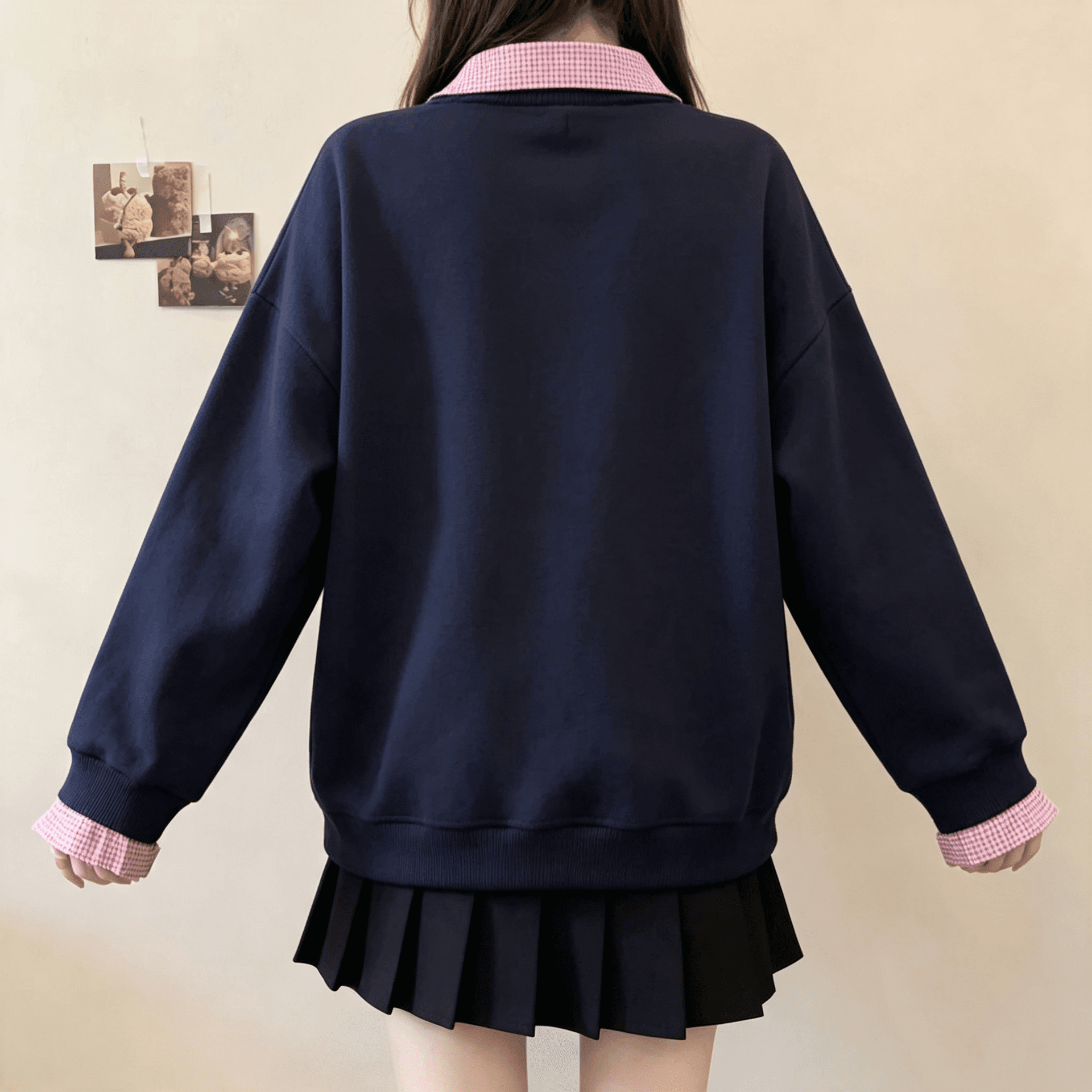 실사 빅 사이즈 가을 페이크 레이어드 배색 맨위 여성 루즈핏 폴로 칼라 명중 체크무늬 캐주얼 후드티 이미지 5