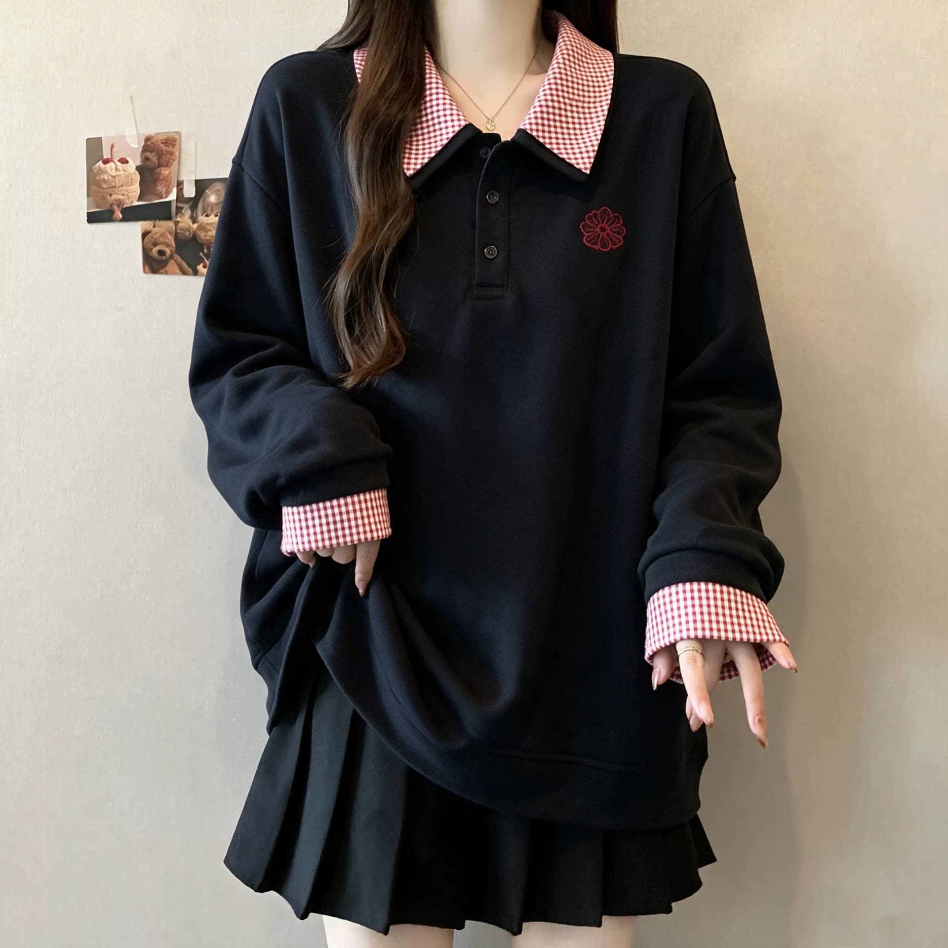 실사 빅 사이즈 가을 페이크 레이어드 배색 맨위 여성 루즈핏 폴로 칼라 명중 체크무늬 캐주얼 후드티 상세 이미지 3