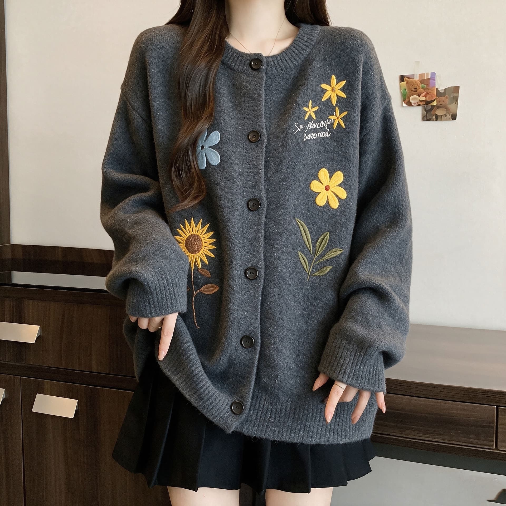 실사 빅 사이즈 아메리칸 트렌드 꽃무늬 자수 오픈 가디건 스웨터 가을 겨울 센스 느슨함 센스 니트 스웨터 맨위 재킷 이미지 5