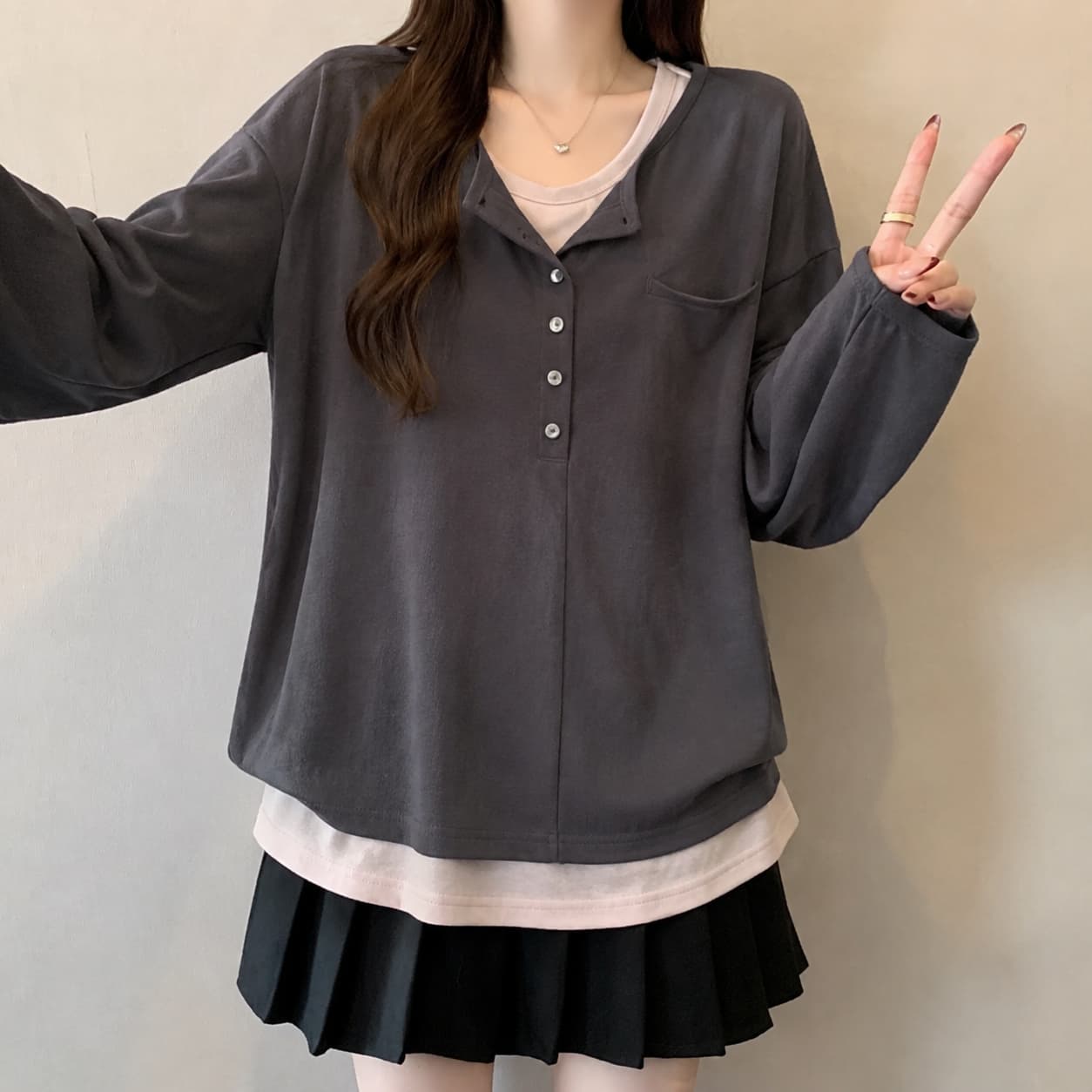 실사 빅 사이즈 여성 의류 마이크로 지방 자매 mm 눈꽃 면 페이크 레이어드 패치워크 티셔츠 여성 디자인 센스 한 첨부 된 의류 이미지 3