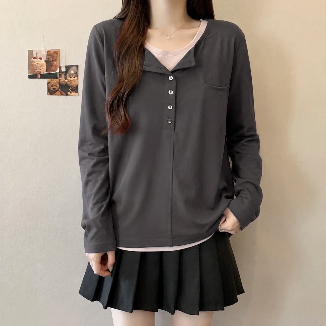 실사 빅 사이즈 여성 의류 마이크로 지방 자매 mm 눈꽃 면 페이크 레이어드 패치워크 티셔츠 여성 디자인 센스 한 첨부 된 의류