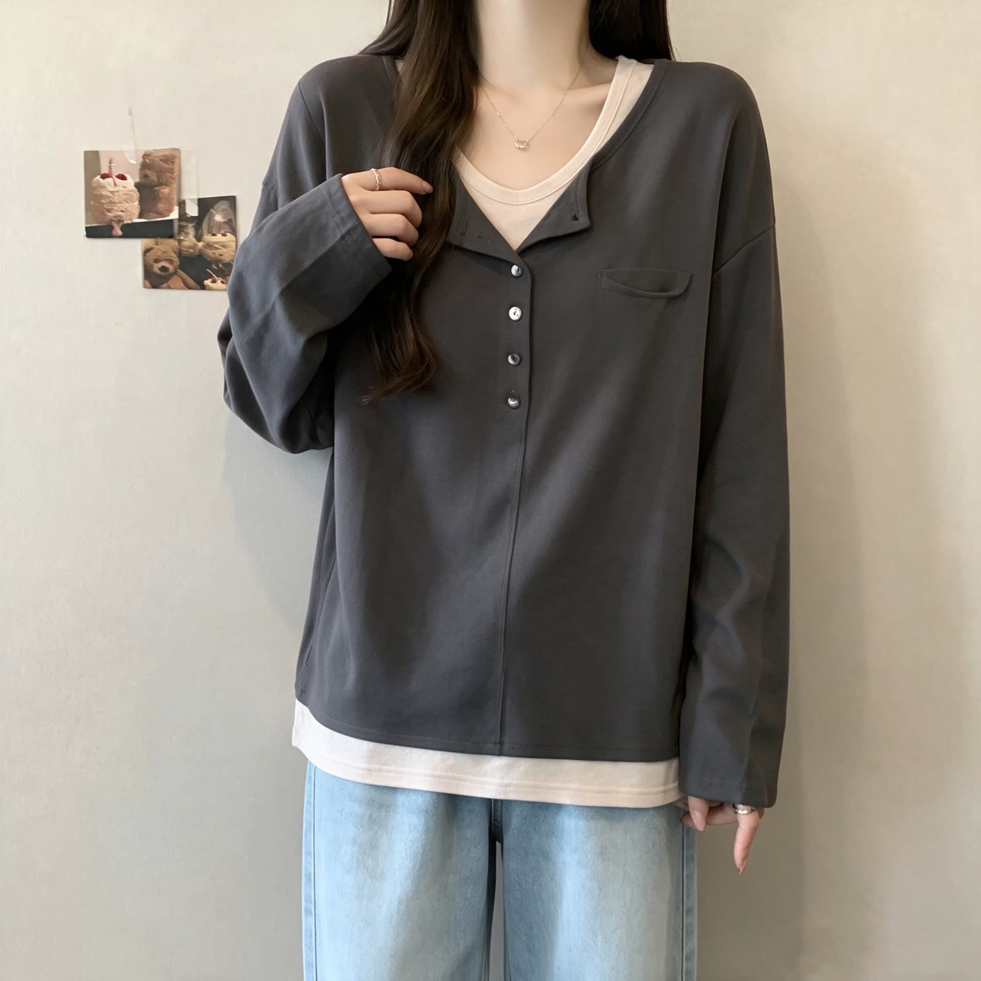 실사 빅 사이즈 여성 의류 마이크로 지방 자매 mm 눈꽃 면 페이크 레이어드 패치워크 티셔츠 여성 디자인 센스 한 첨부 된 의류 이미지 5