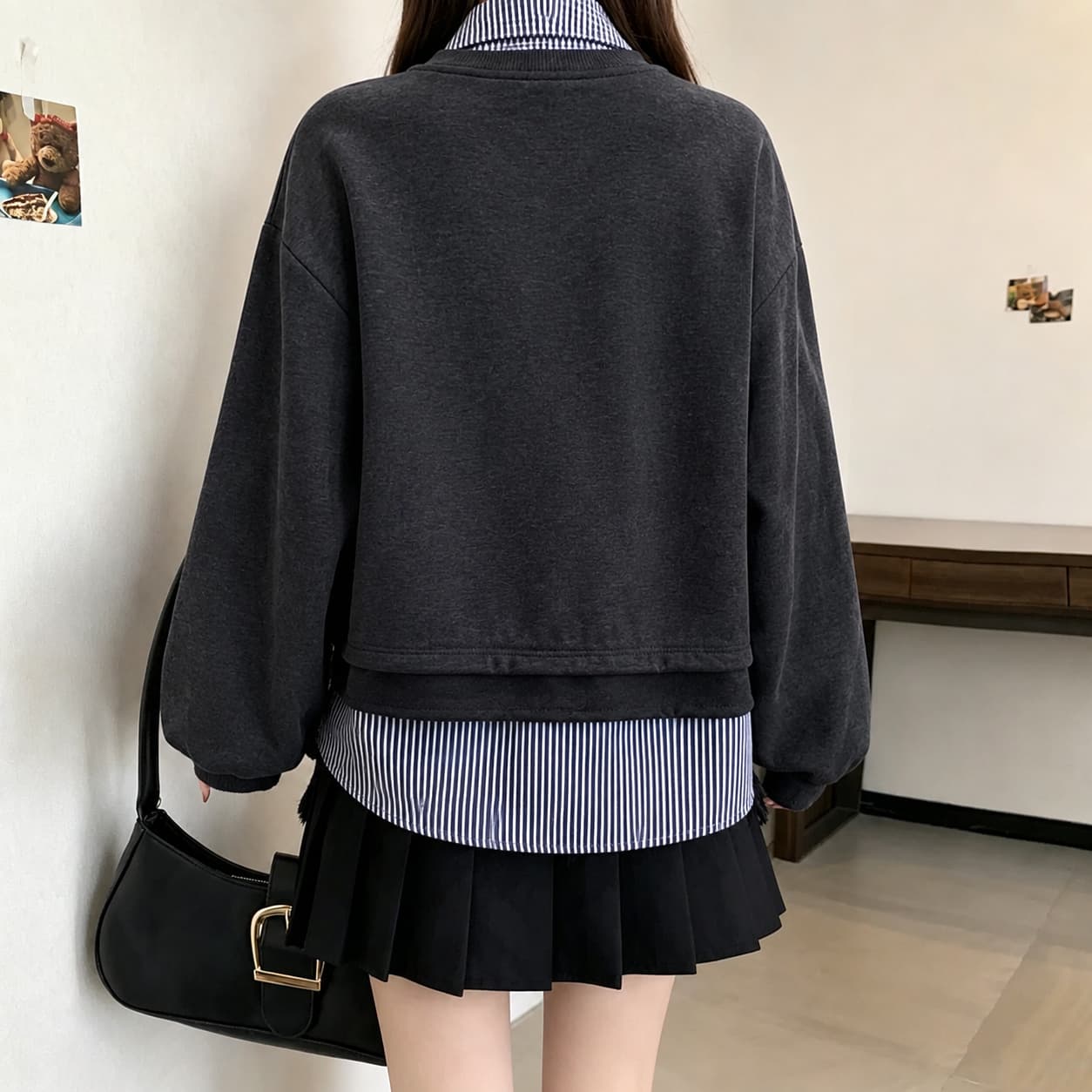 빅 사이즈 지방 mm 한 부서 디자인 센스 페이크 레이어드 긴팔 후드티 봄 가을 루즈핏 슬림해 보이는 Chic 아름다운 연령 감소 맨위 이미지 5