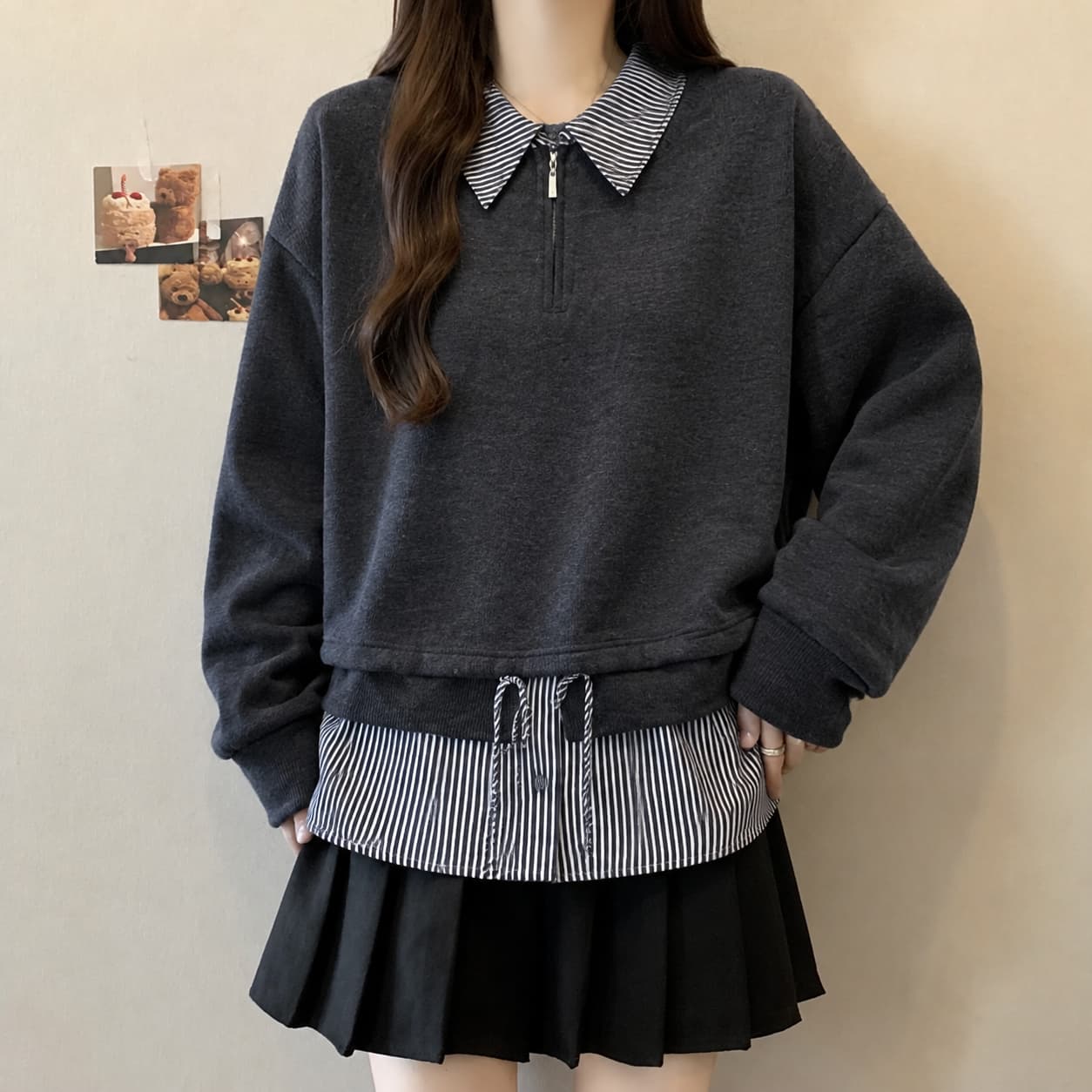 빅 사이즈 지방 mm 한 부서 디자인 센스 페이크 레이어드 긴팔 후드티 봄 가을 루즈핏 슬림해 보이는 Chic 아름다운 연령 감소 맨위 상세 이미지 5