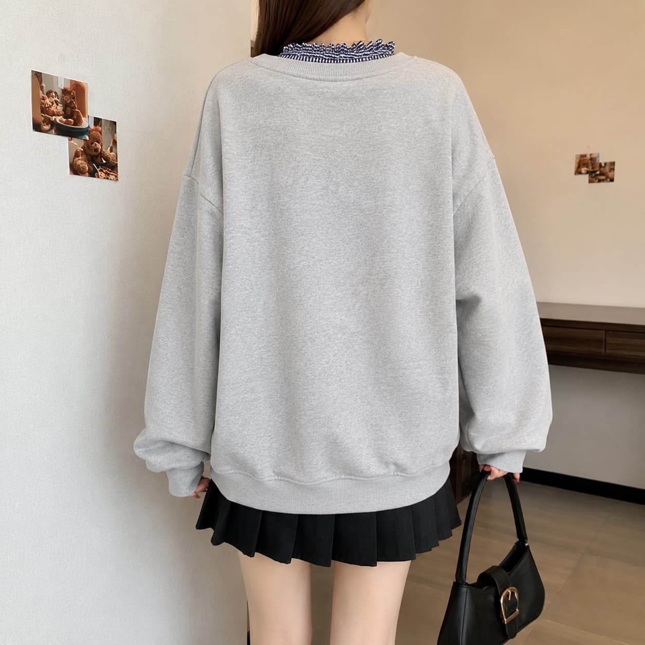 빅 사이즈 체크무늬 패치워크 V넥 페이크 레이어드 긴팔 후드티 여성 가을 겨울 지방 mm 루즈핏 표지 배 슬림해 보이는 다용도 맨위 이미지 4