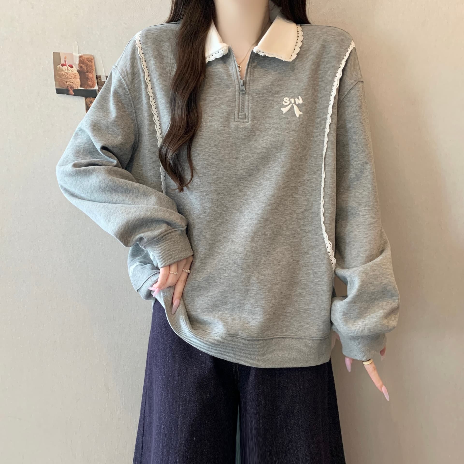 레이스 조각 POLO 칼라 긴팔 후드티 가을 2026 새로운 빅 사이즈 여성 의류 지방 mm 학원 스타일 루즈핏 맨위 이미지 4