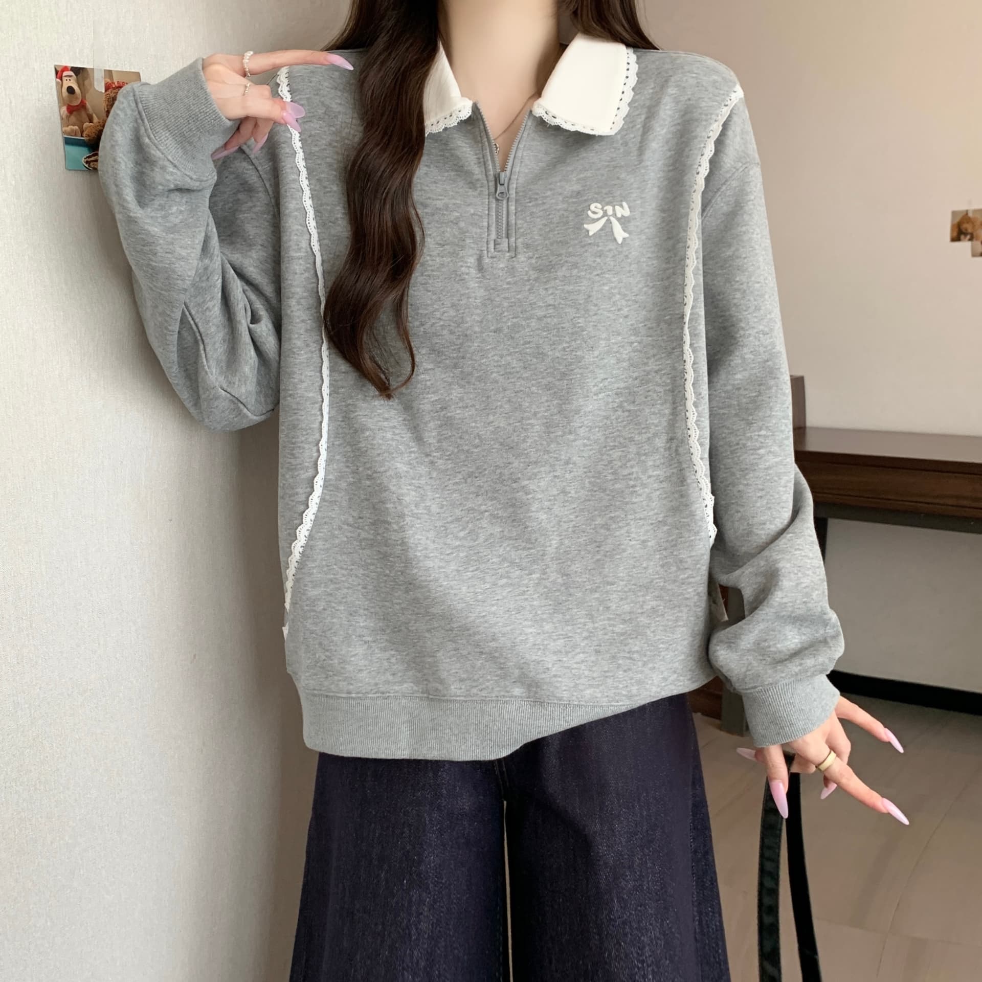 레이스 조각 POLO 칼라 긴팔 후드티 가을 2026 새로운 빅 사이즈 여성 의류 지방 mm 학원 스타일 루즈핏 맨위 상세 이미지 10