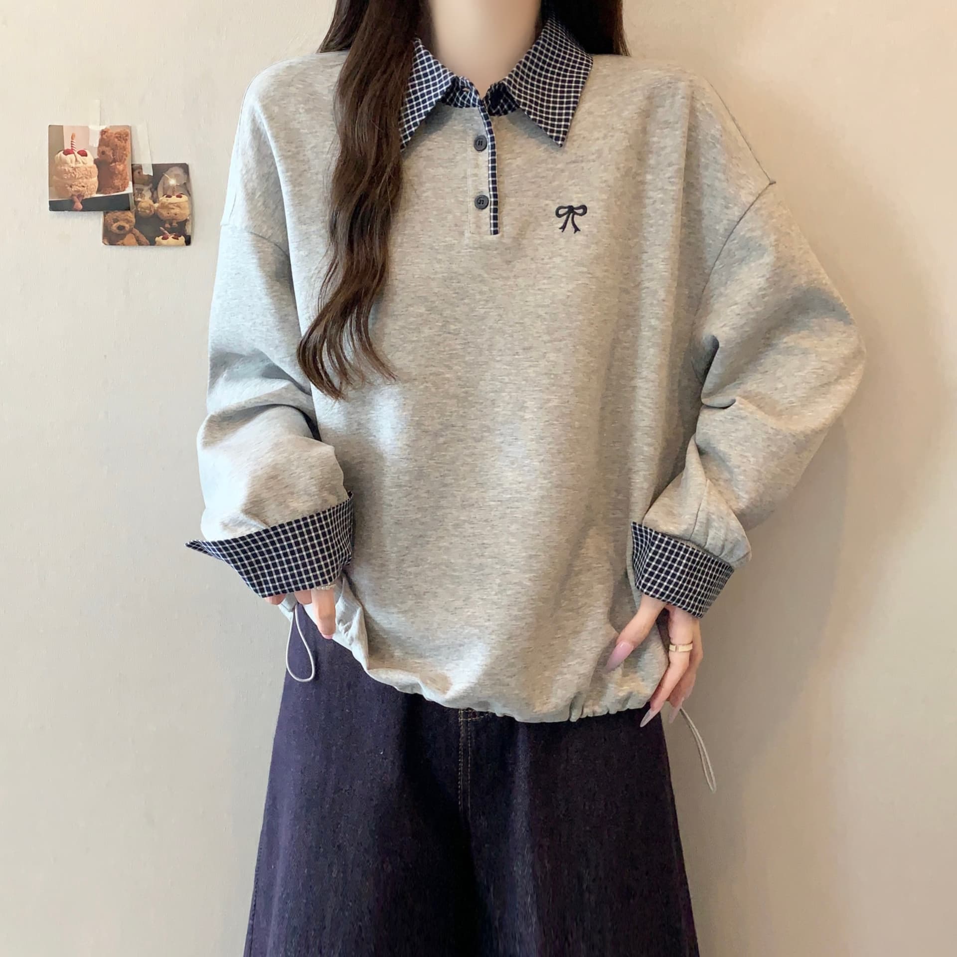 한 부서 연령 감소 체크무늬 POLO 칼라 긍정적 인 어깨 후드티 여성 2026 조기 가을 새로운 빅 사이즈 지방 mm 페이크 레이어드 맨위 이미지 3