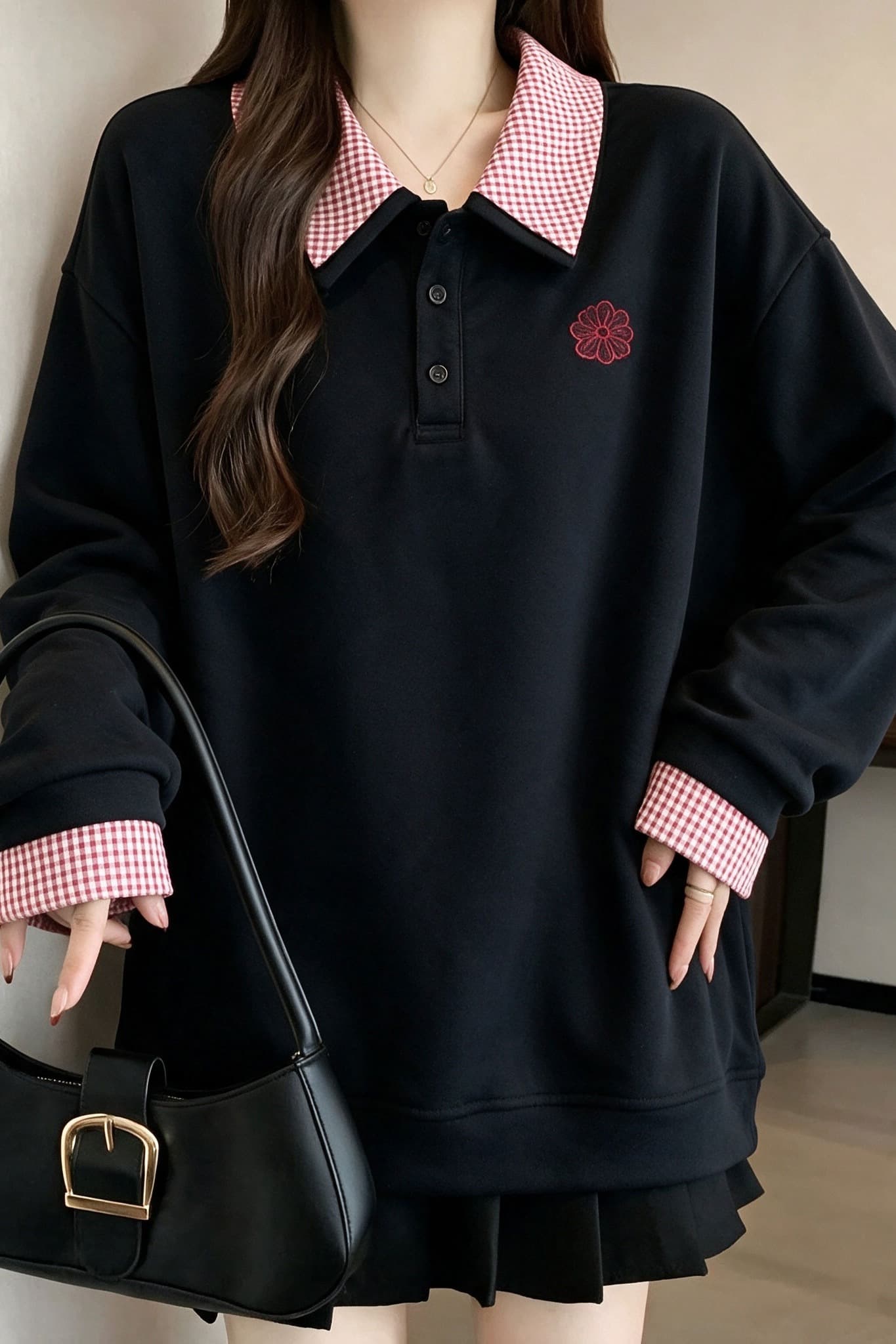 빅 사이즈 패션 체크무늬 POLO 칼라 페이크 레이어드 긴팔 후드티 여성 가을 겨울철 지방 mm 루즈핏 표지 고기 다용도 맨위 이미지 7