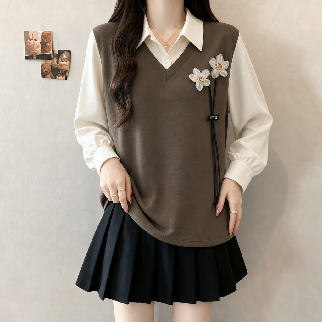 페이크 레이어드 POLO 칼라 배색 후드티 빅 사이즈 여성 의류 한 부서 다용도 후드티 지방 mm 가을 겨울 새로운 이미지 3